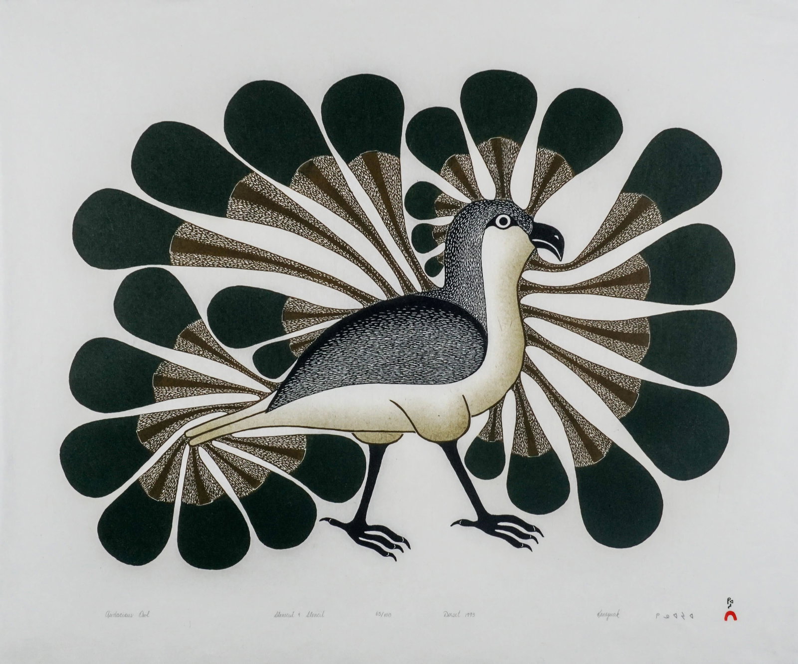 KENOJUAK ASHEVAK, INUIT Audacious Owl, 1993 #16: KENOJUAK ASHEVAK, C.C., R.C.A. (1927-2013) KINNGAIT (CAPE DORSET) Audacious Owl, 1993 #16 Printmaker: QIATSUQ NIVIAQSI (1941-) KINNGAIT (CAPE DORSET) stonecut and stencil, 24.5 x 29.25 in (62.2 x 74.3