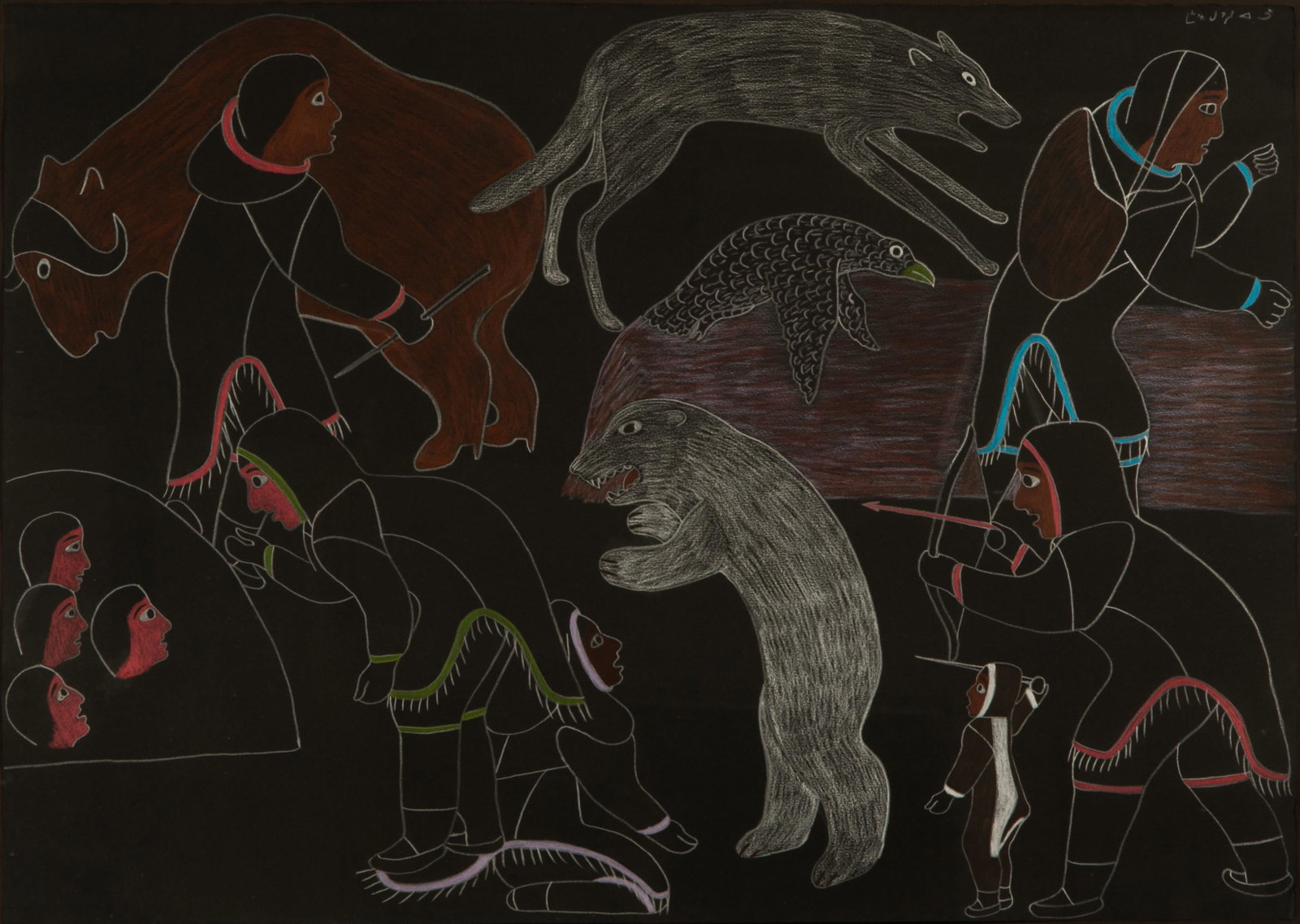 VICTORIA MAMNGUQSUALUK, INUIT, Untitled (Scene from the Story of Qiviuq), c. 1980: VICTORIA MAMNGUQSUALUK (1930-2016) QAMANI'TUAQ (BAKER LAKE) Untitled (Scene from the Story of Qiviuq), c. 1980 coloured pencil on black paper, 19.75 x 27.75 in (50.2 x 70.5 cm), framed signed, "ᒪ