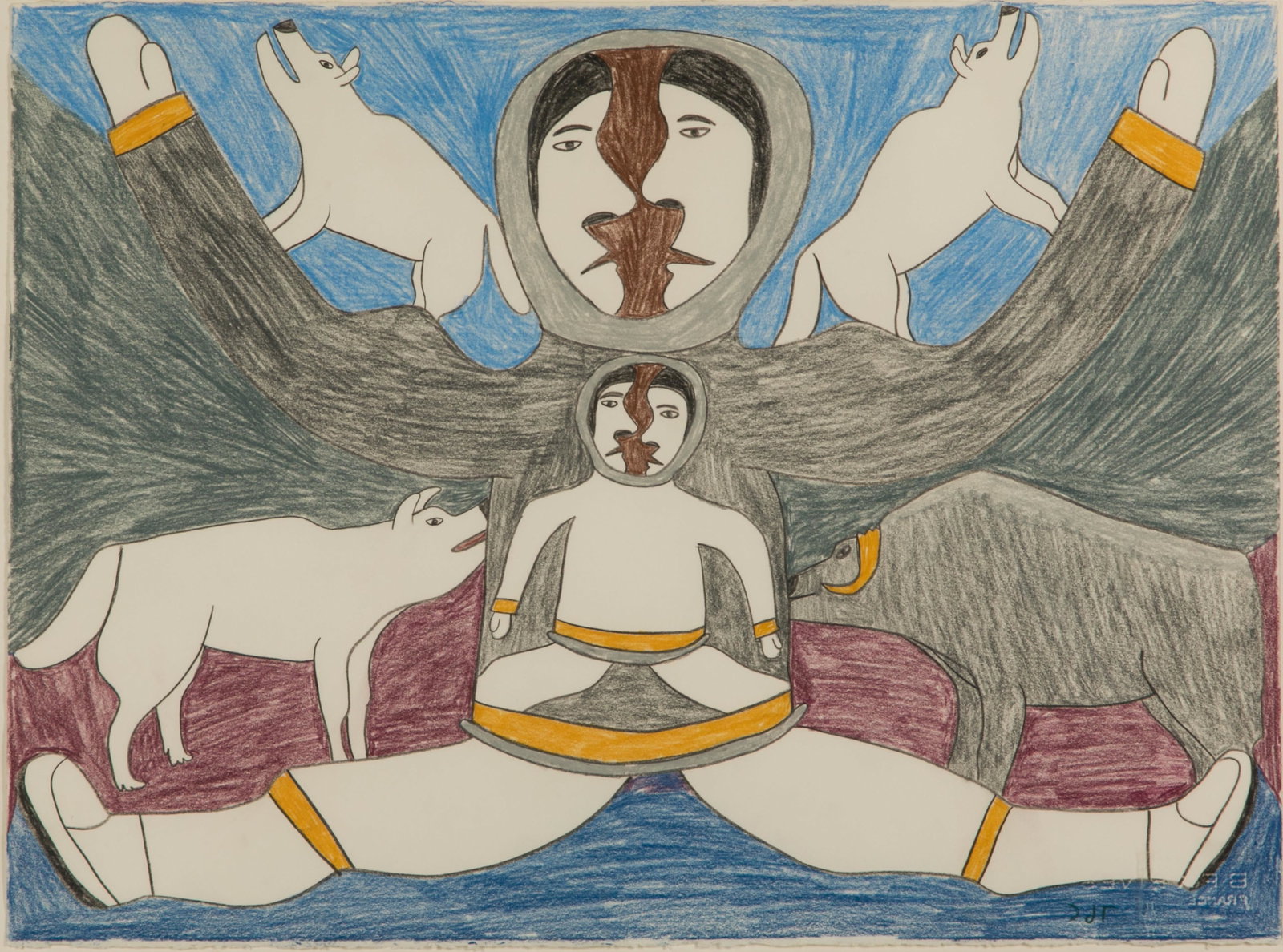SIMON TOOKOOME, INUIT, Untitled (Inuit with Musk Ox and Dogs), c. 1980: SIMON TOOKOOME (1934-2010) QAMANI’TUAQ (BAKER LAKE) Untitled (Inuit with Musk Ox and Dogs), c. 1980 pencil crayon on paper, 22.5 x 29.75 in (57.1 x 75.6 cm), framed signed, "ᑐᑯᒥ