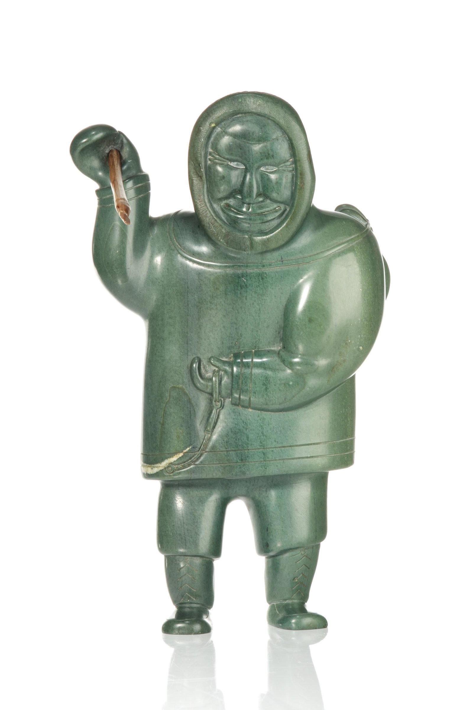 JOHNNY MEEKO SR., INUIT, Happy Hunter with Caught Fox, c. 1960s: JOHNNY MEEKO SR. (1933-) SANIKILUAQ (BELCHER ISLANDS) Happy Hunter with Caught Fox, c. 1960s stone and wood, 9.25 x 5.5 x 3 in (23.5 x 14 x 7.6 cm) signed, "ᔪᐊᓂ / ᒥᐃȋ