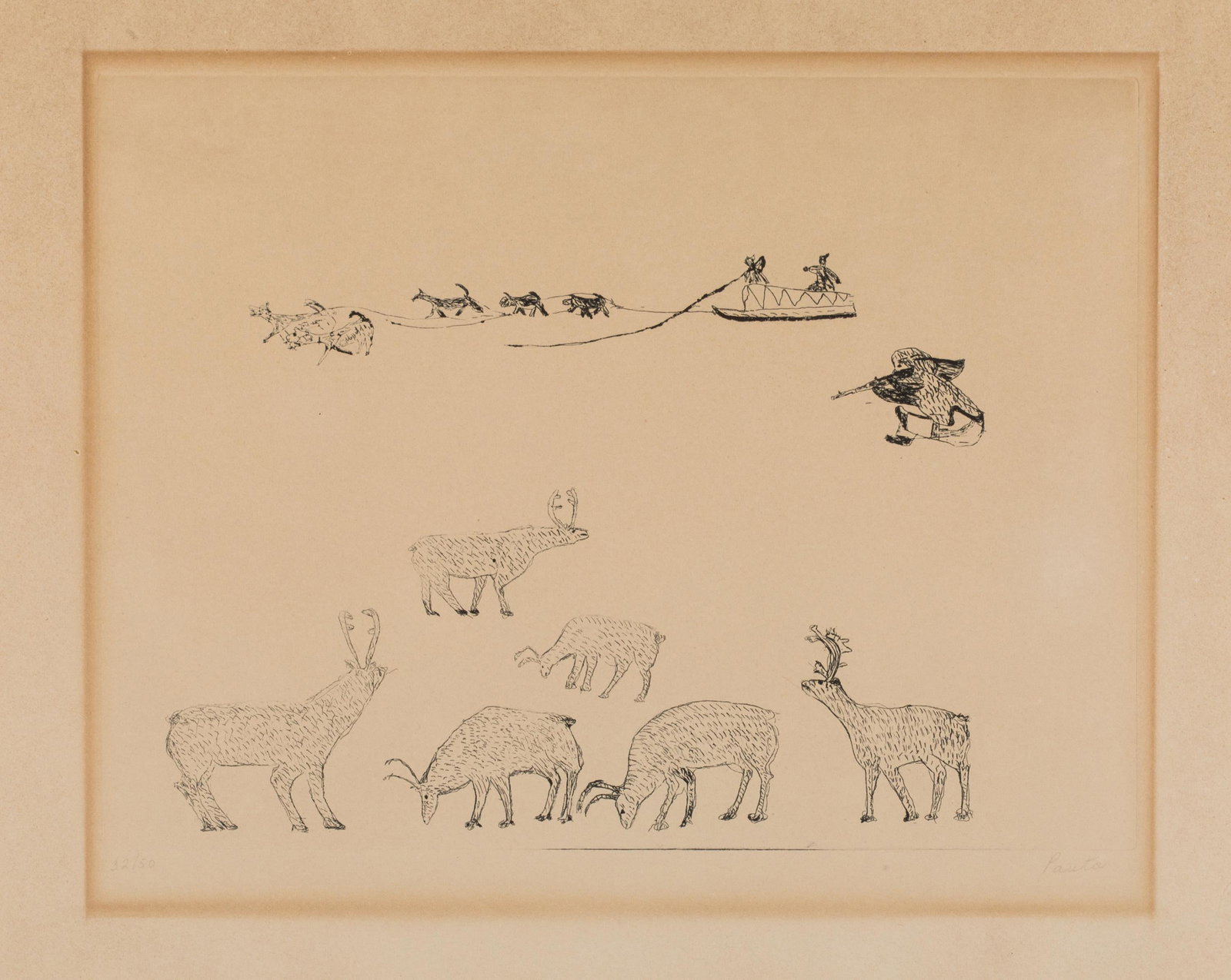 PAUTA SAILA, INUIT, Untitled (Hunting Caribou by Dog Sled), 1962: PAUTA SAILA, R.C.A. (1916-2009) KINNGAIT (CAPE DORSET) Untitled (Hunting Caribou by Dog Sled), 1962 #50 engraving, sheet 13 x 19 in (33 x 48.3 cm) / plate 8.75 x 12 in (22.2 x 30.5 cm) 32/50 Provenanc