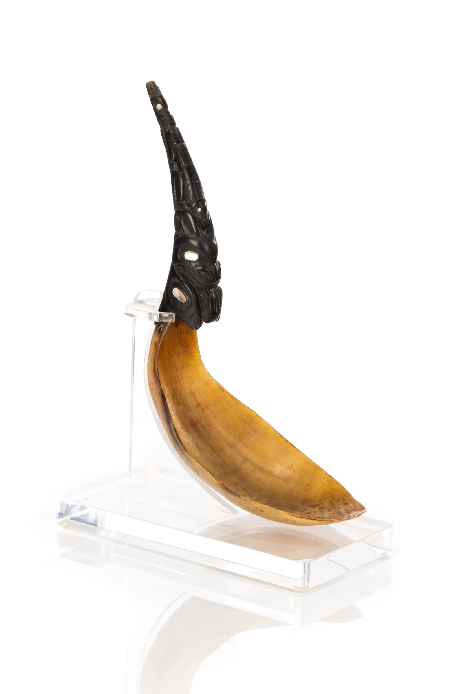 UNIDENTIFIED HAIDA ARTIST, Feast Spoon, c. 1880: UNIDENTIFIED HAIDA ARTIST Feast Spoon, c. 1880 goat horn, sheep horn, abalone shell, and metal rivets, 9 x 11 x 3.5 in (22.9 x 27.9 x 8.9 cm) Provenance Important Private Collection, Canada.