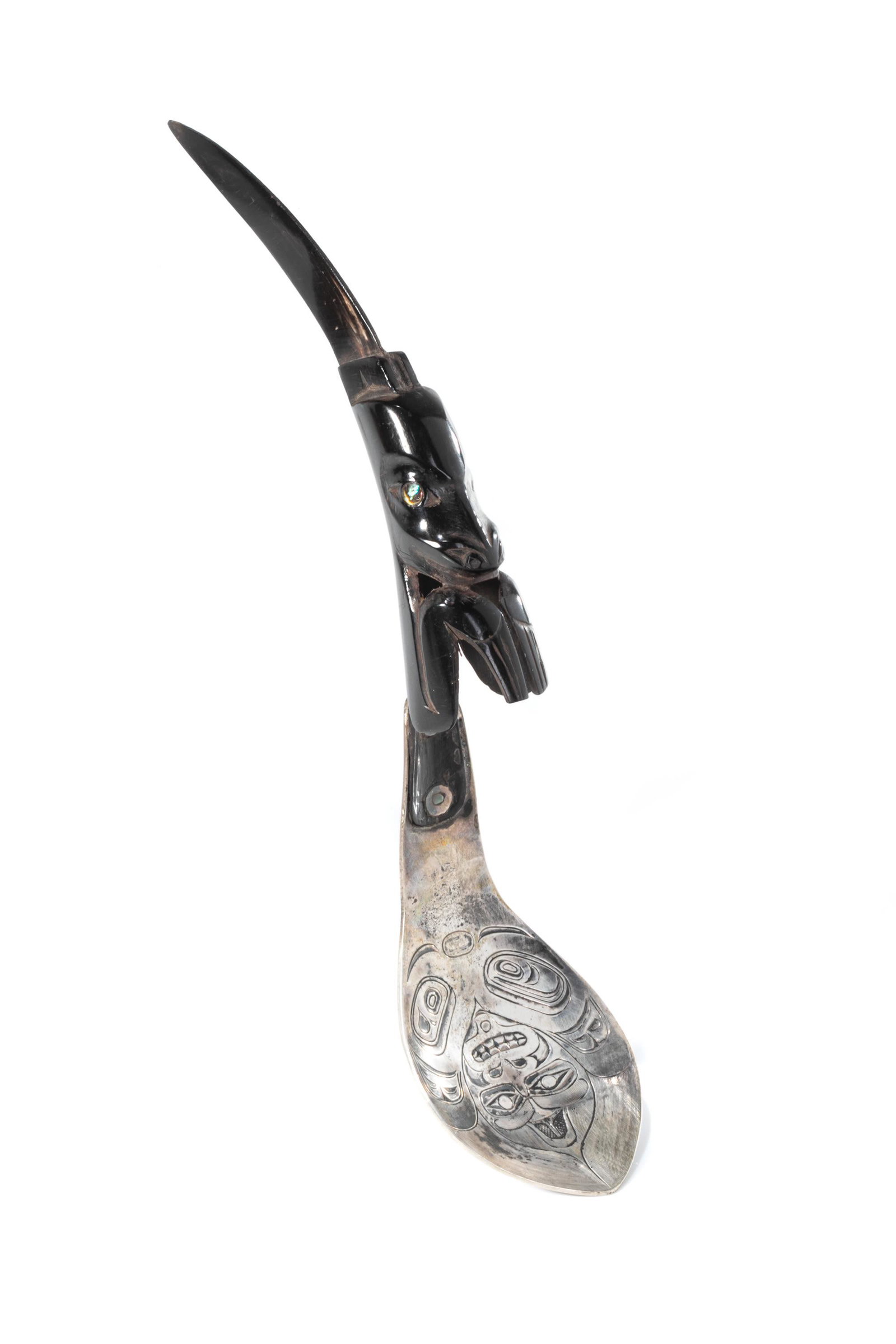 DEREK WILSON (1950-2011) HAISLA, Feast Spoon, late 1990s: DEREK WILSON (1950-2011) HAISLA Feast Spoon, late 1990s silver, goat horn, and abalone, 8 x 1.75 x 1 in (20.3 x 4.4 x 2.5 cm) stamped with artist's initials, "DW". Provenance Private Collection, Calga