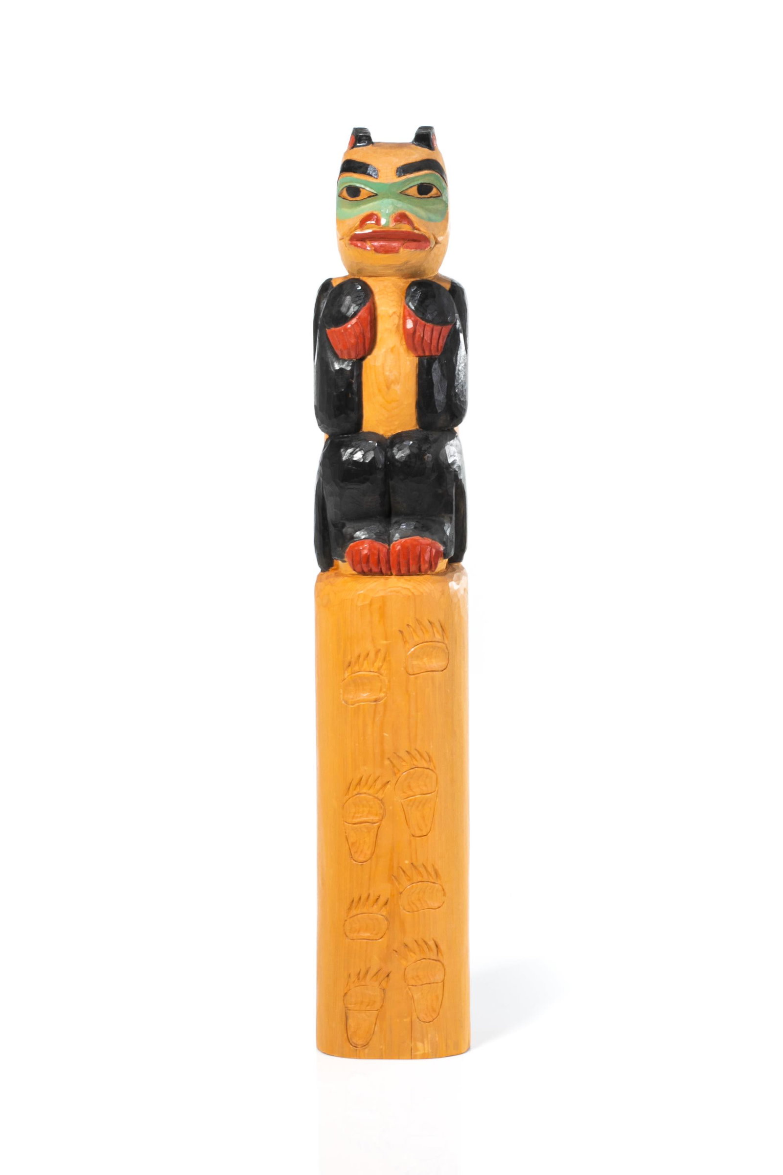 JAMES M. WILLIAMS JR., TLINGIT, SITKA, ALASKA, Bear Totem , September 1985: JAMES M. WILLIAMS JR., TLINGIT, SITKA, ALASKA Bear Totem , September 1985 carved wood, paint, 17.75 x 3 x 2.5 in (19.7 x 7.6 x 6.3 cm) inscribed with artist's stylized initials, "JW"; titled and signe