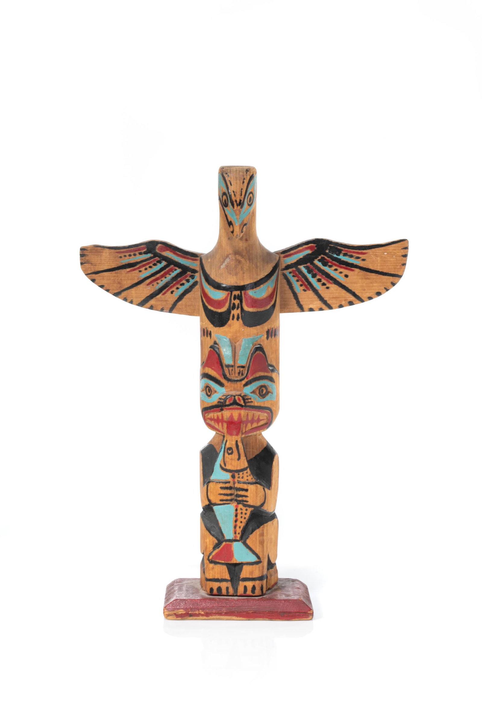 GEORGE (SIWIS) NELSON (1884-1969), KWAKWA̱KA̱ʼWAKW, QUATSINO, BC, Model Totem Pole,: GEORGE (SIWIS) NELSON (1884-1969), KWAKWA̱KA̱ʼWAKW, QUATSINO, BC Model Totem Pole, carved wood, paint, and nails, 8.75 x 6.5 x 2 in (22.2 x 16.5 x 5.1 cm) unsigned; designed in stacked 