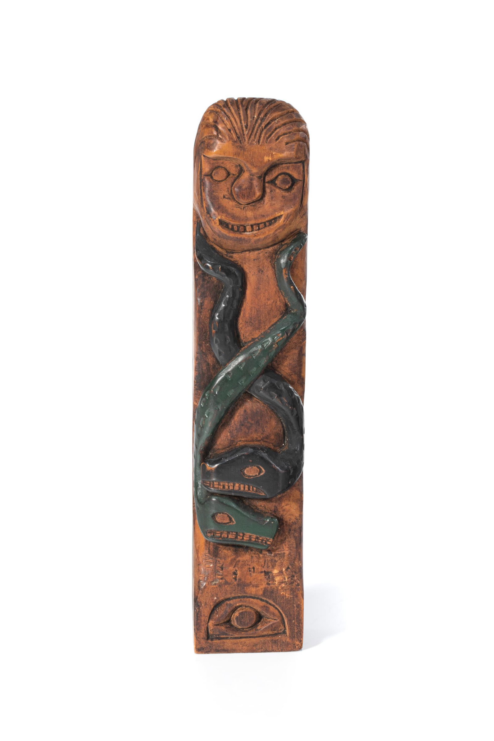 UNIDENTIFIED ARTIST, NUU-CHAH-NULTH or SALISH, Totemic Composition with Serpents, c. 1920s or 1930s: UNIDENTIFIED ARTIST, NUU-CHAH-NULTH or SALISH Totemic Composition with Serpents, c. 1920s or 1930s carved and painted wood 11 x 2.75 x 1.75 in (27.9 x 7 x 4.4 cm) unsigned; carved in a stacked arrange