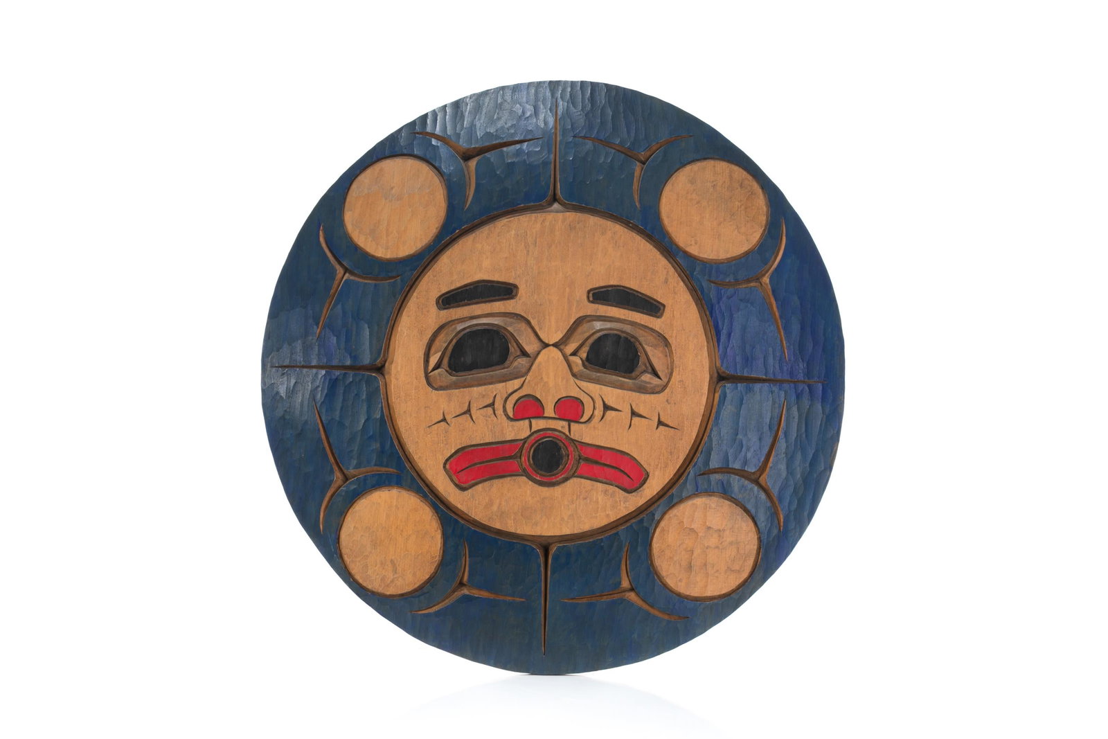 GARRY THOMAS (1969-) COAST SALISH, Moon Panel, c. 2000s: GARRY THOMAS (1969-) COAST SALISH Moon Panel, c. 2000s carved cedar wood and paint, 15.5 x 15.25 x 1 in (39.4 x 38.7 x 2.5 cm) inscribed in ink on verso: "MOON / CARVED / BY / GARRY THOMAS / COAST / S