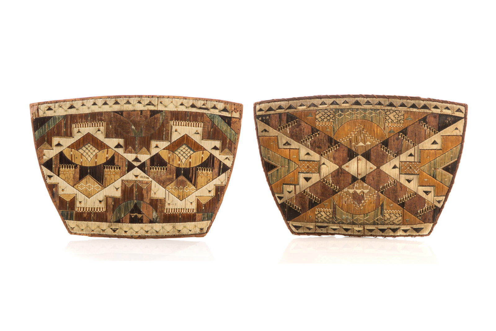 UNIDENTIFIED MI'KMAQ ARTIST(S), Two Quilled Panels (Chair Seats?), mid 19th century: UNIDENTIFIED MI'KMAQ ARTIST(S) Two Quilled Panels (Chair Seats?), mid 19th century natural and dyed quills, birch bark, and spruce root, the first: 9.5 x 15.25 x 0.5 in (24.1 x 38.7 x 1.3 cm) / the se