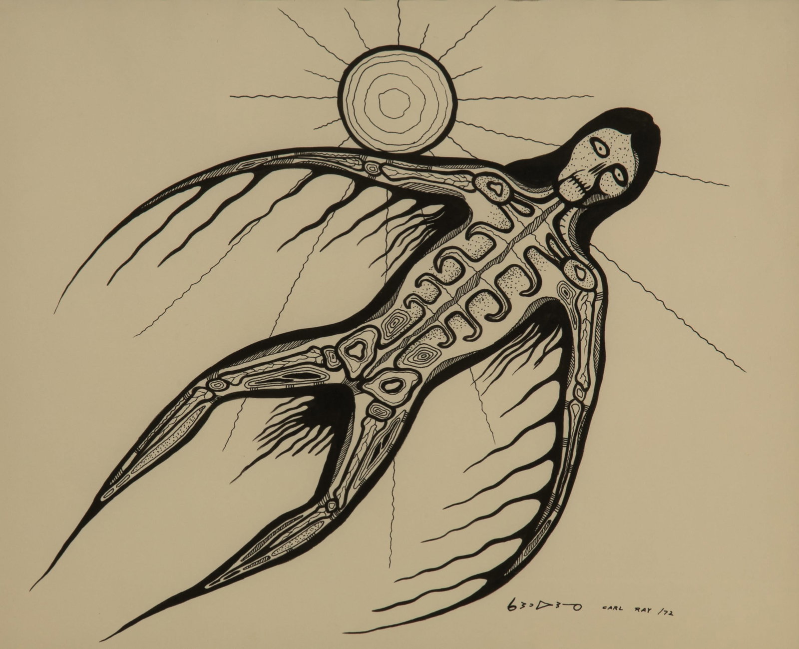 CARL RAY (1943-1978) ANISHINAABE (OJIBWE), Untitled (Flying Skeletal Figure), 1972: CARL RAY (1943-1978) ANISHINAABE (OJIBWE) Untitled (Flying Skeletal Figure), 1972 ink on paper, 17.5 x 21.5 in (44.5 x 54.6 cm), framed, sight signed and dated, ᑲᕒᐣ ᐅᕒ