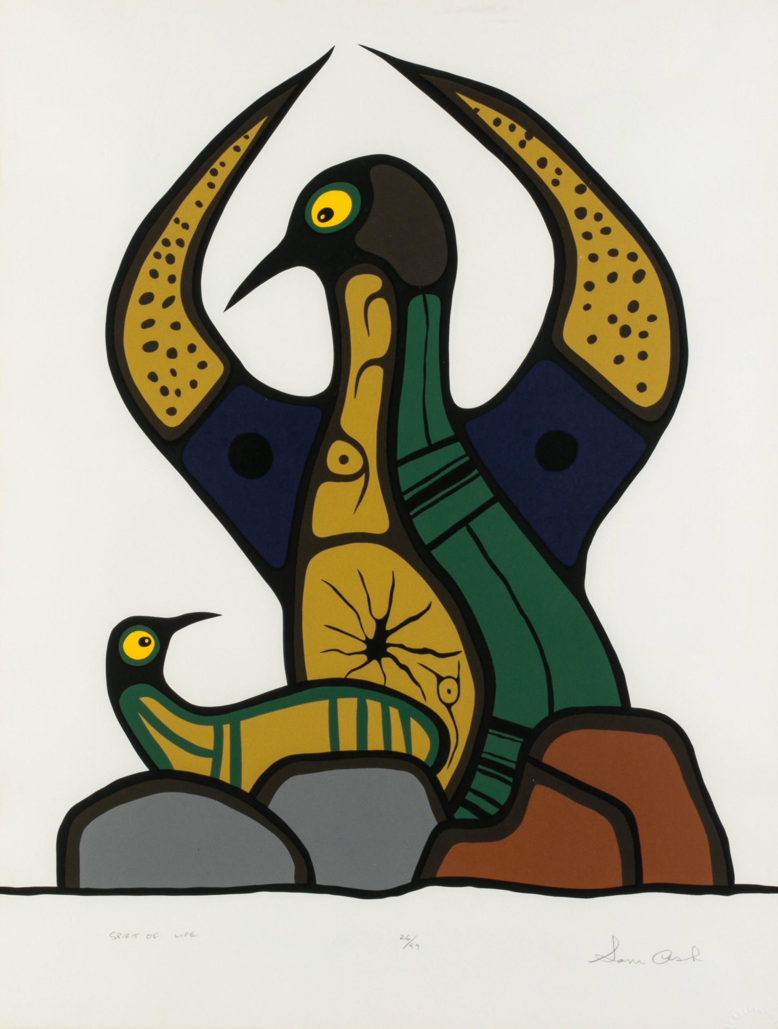 SAMUEL (SAM) ASH (1951-2021) ANISHINAABE (OJIBWE), Spirit of Life,: SAMUEL (SAM) ASH (1951-2021) ANISHINAABE (OJIBWE) Spirit of Life, silkscreen, 24 x 18 in (61 x 45.7 cm), framed 26/99 Provenance Private Collection, Ontario;by descent in the family.