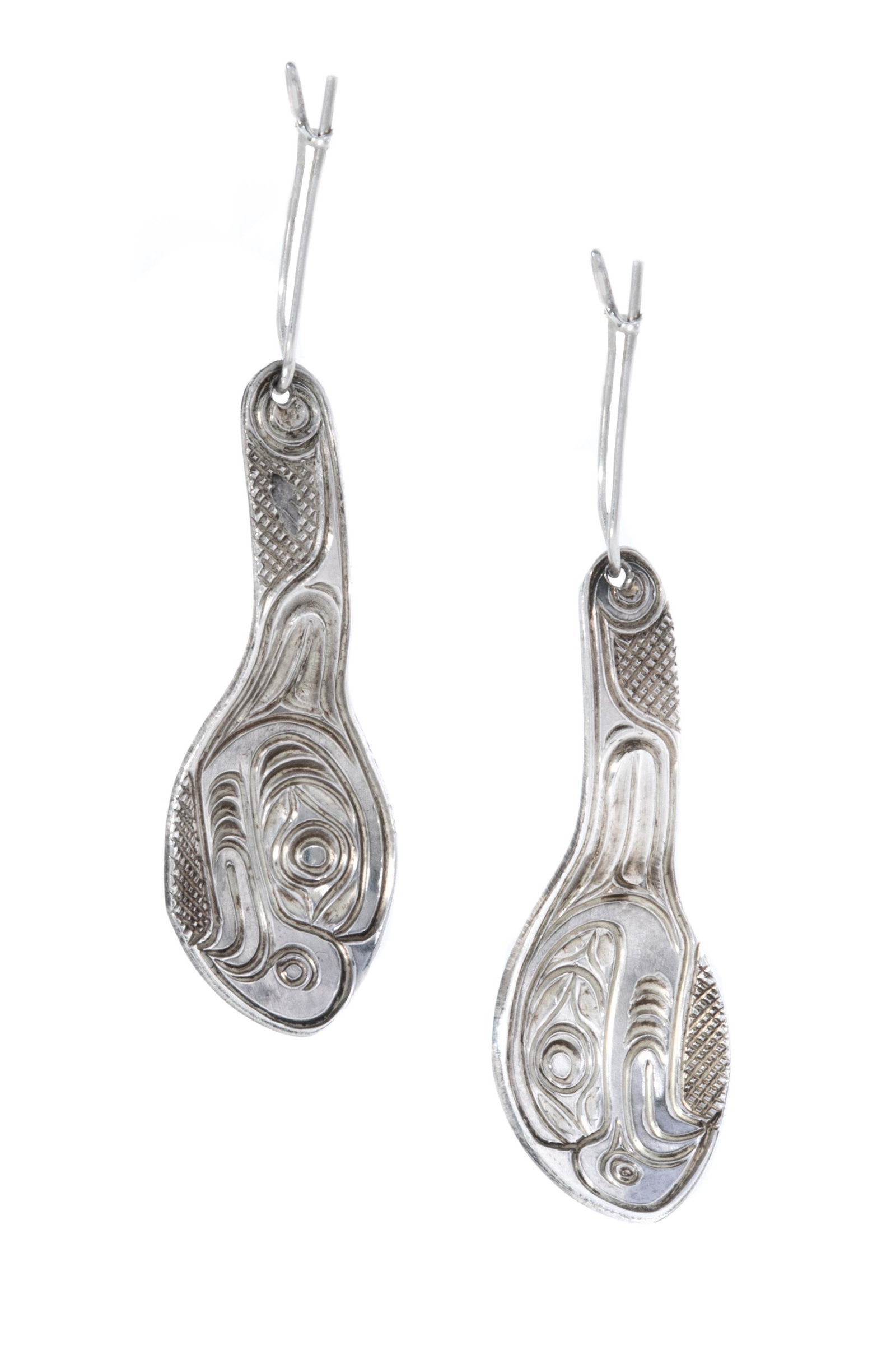 H[A?]D, Probably KWAKWA̱KA̱ʼWAKW, Model Feast Spoon Earrings,: H[A?]D, Probably KWAKWA̱KA̱ʼWAKW Model Feast Spoon Earrings, silver, 1.25 x 0.5 in (3.2 x 1.3 cm) the bowl and handle of each finely carved and engraved with a raven's face in profile; 