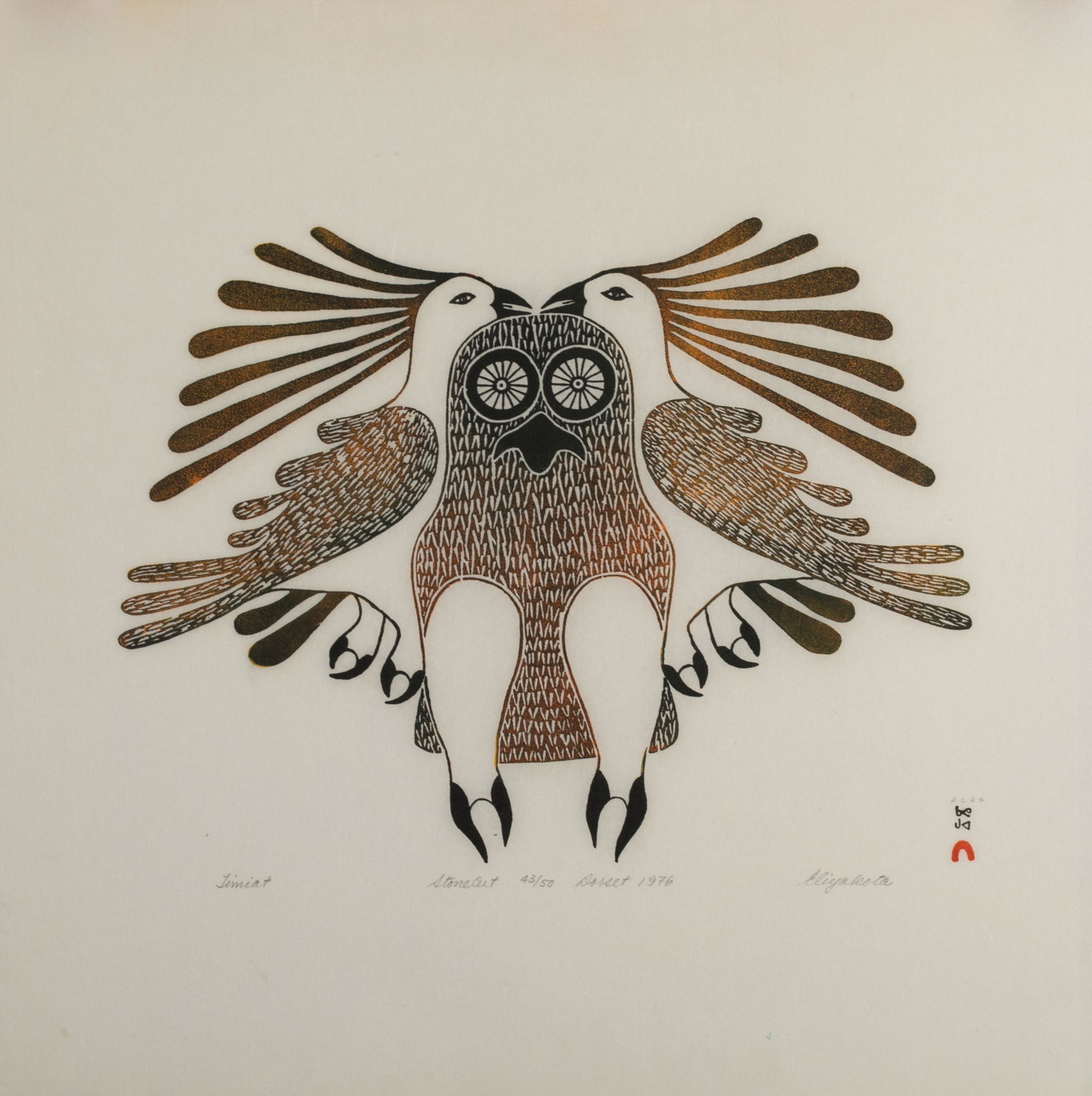 ELIYAKOTA SAMUALIE, INUIT, Timiat (Birds), 1976 #21: ELIYAKOTA SAMUALIE (1939-1987) KINNGAIT (CAPE DORSET) Timiat (Birds), 1976 #21 Printmaker: QABAVOAK QATSIYA (1942-) KINNGAIT (CAPE DORSET) stonecut, 25.75 x 24.75 (65.4 x 62.9 cm) 43/50 Provenance Pri