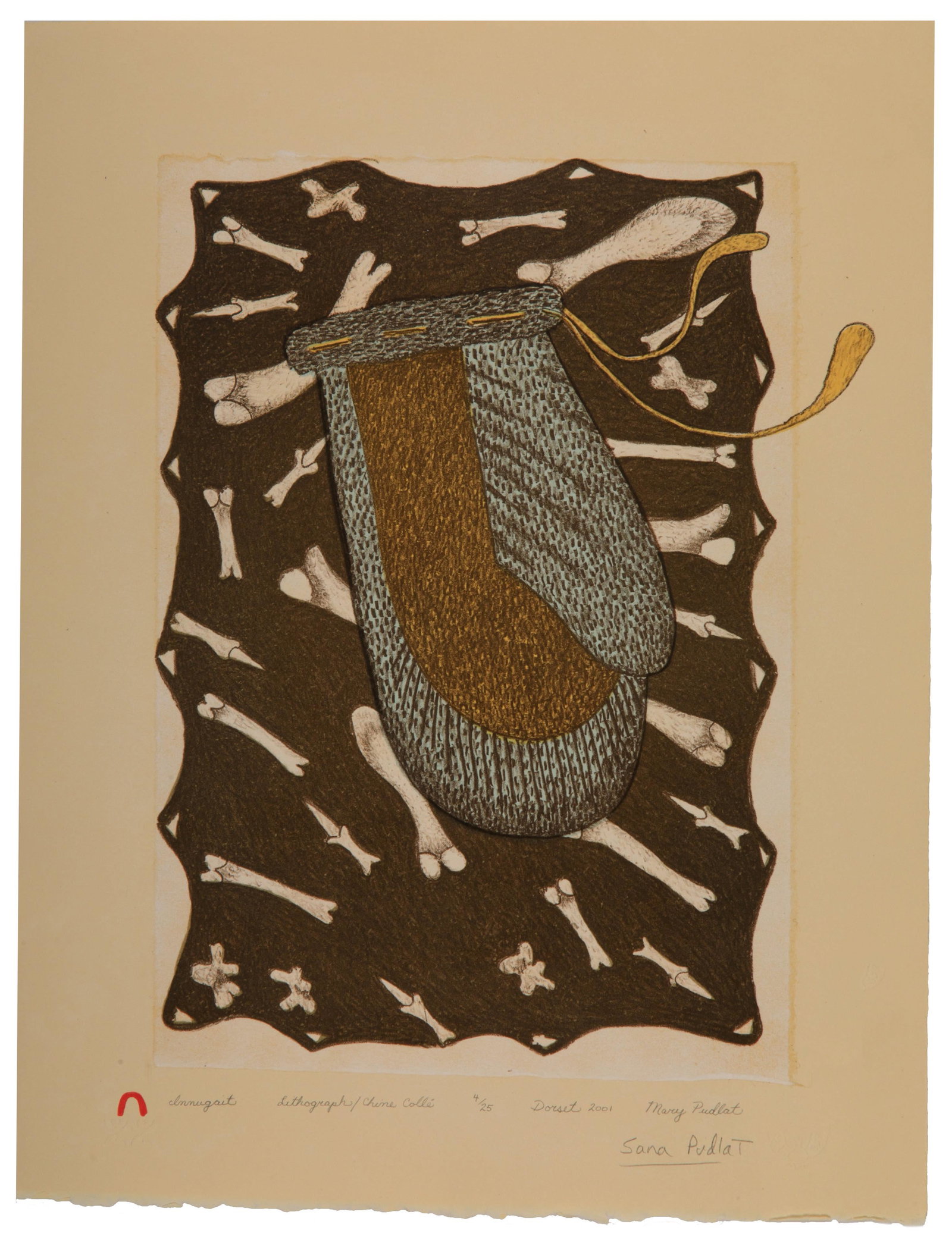 MARY PUDLAT, INUIT, Innugait (Bone Game), 2001, 2001 (Special Commission): MARY PUDLAT (1923-2001) KINNGAIT (CAPE DORSET) Innugait (Bone Game), 2001, 2001 (Special Commission) Printmaker: PITSEOLAK NIVIAQSI, R.C.A. (1947-2015) KINNGAIT (CAPE DORSET) lithograph and chine coll