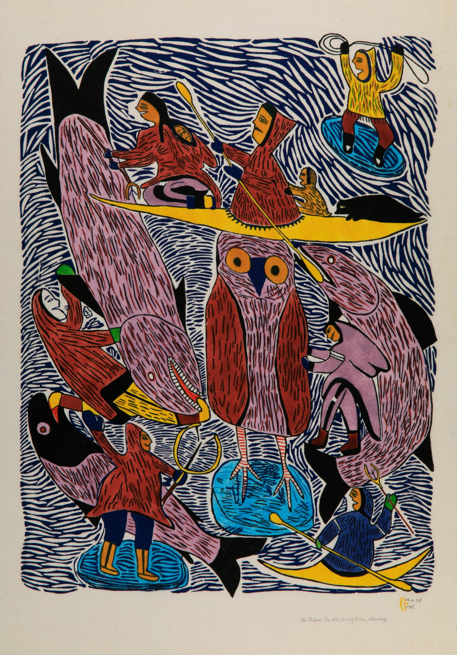RUTH ANNAQTUUSI TULURIALIK, INUIT, The Flood, 1980 #12: RUTH ANNAQTUUSI TULURIALIK (1934-) QAMANI'TUAQ (BAKER LAKE) The Flood, 1980 #12 Printmaker: THOMAS SIVURAQ (1941-) QAMANI'TUAQ (BAKER LAKE) stonecut and stencil, 37.25 x 25 in (94.6 x 63.5 cm), framed