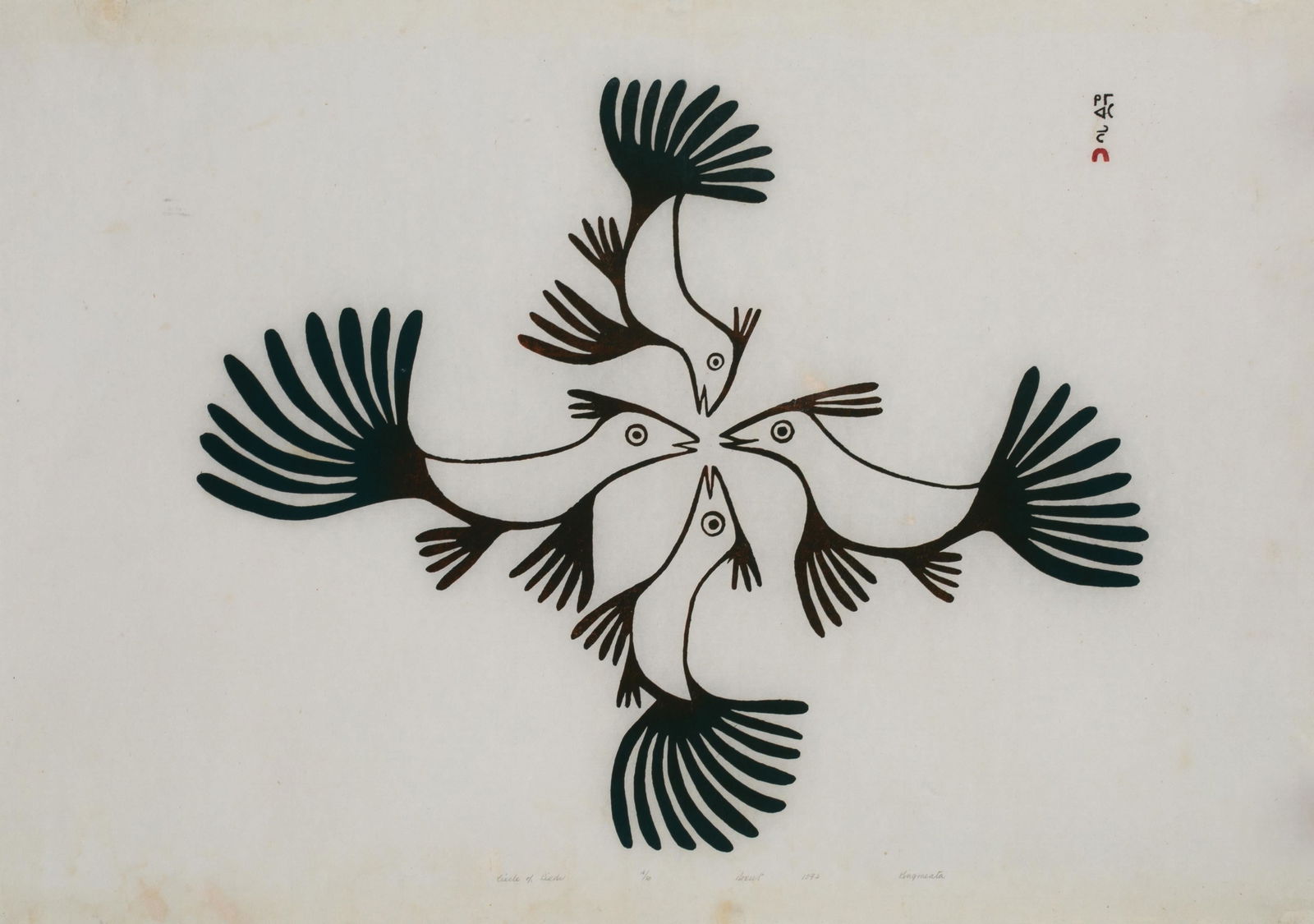 KINGMEATA ETIDLOOIE, INUIT, Circle of Birds, 1972 #42: KINGMEATA ETIDLOOIE (1915-1989) KINNGAIT (CAPE DORSET) Circle of Birds, 1972 #42 Printmaker: LUKTA QIATSUK (1928-2004) KINNGAIT (CAPE DORSET) stonecut, 23.75 x 34 in (60.3 x 86.4 cm) 16/50 Provenance