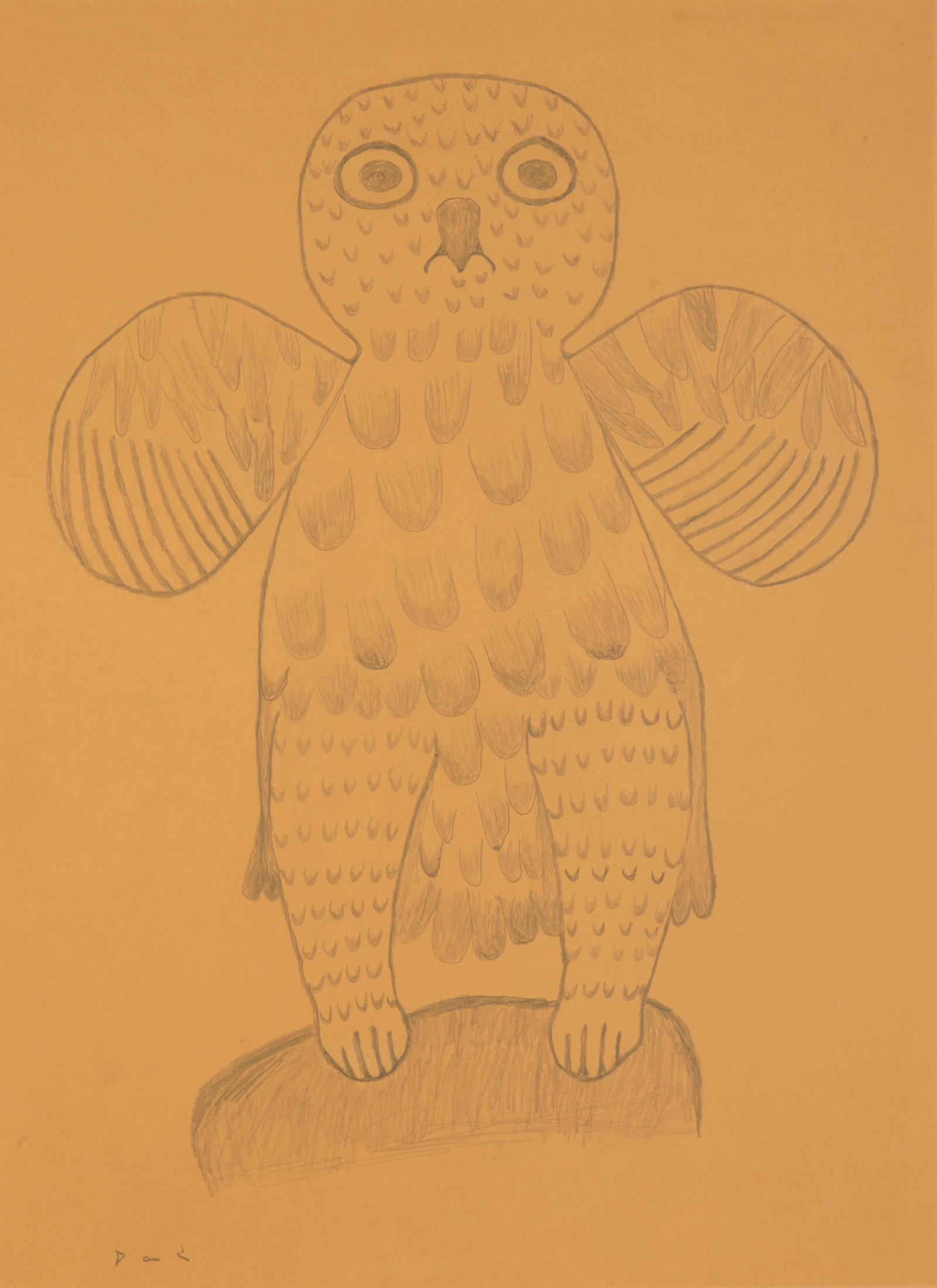 ULAYU PINGWARTOK, INUIT, Alert Owl, Perched on a Rock, c. 1960s: ULAYU PINGWARTOK (1904-1978) KINNGAIT (CAPE DORSET Alert Owl, Perched on a Rock, c. 1960s graphite on unbleached wove paper, 24 x 18 in (61 x 45.7 cm) signed, "ᐅᓚᔭ". Provenance Sothe