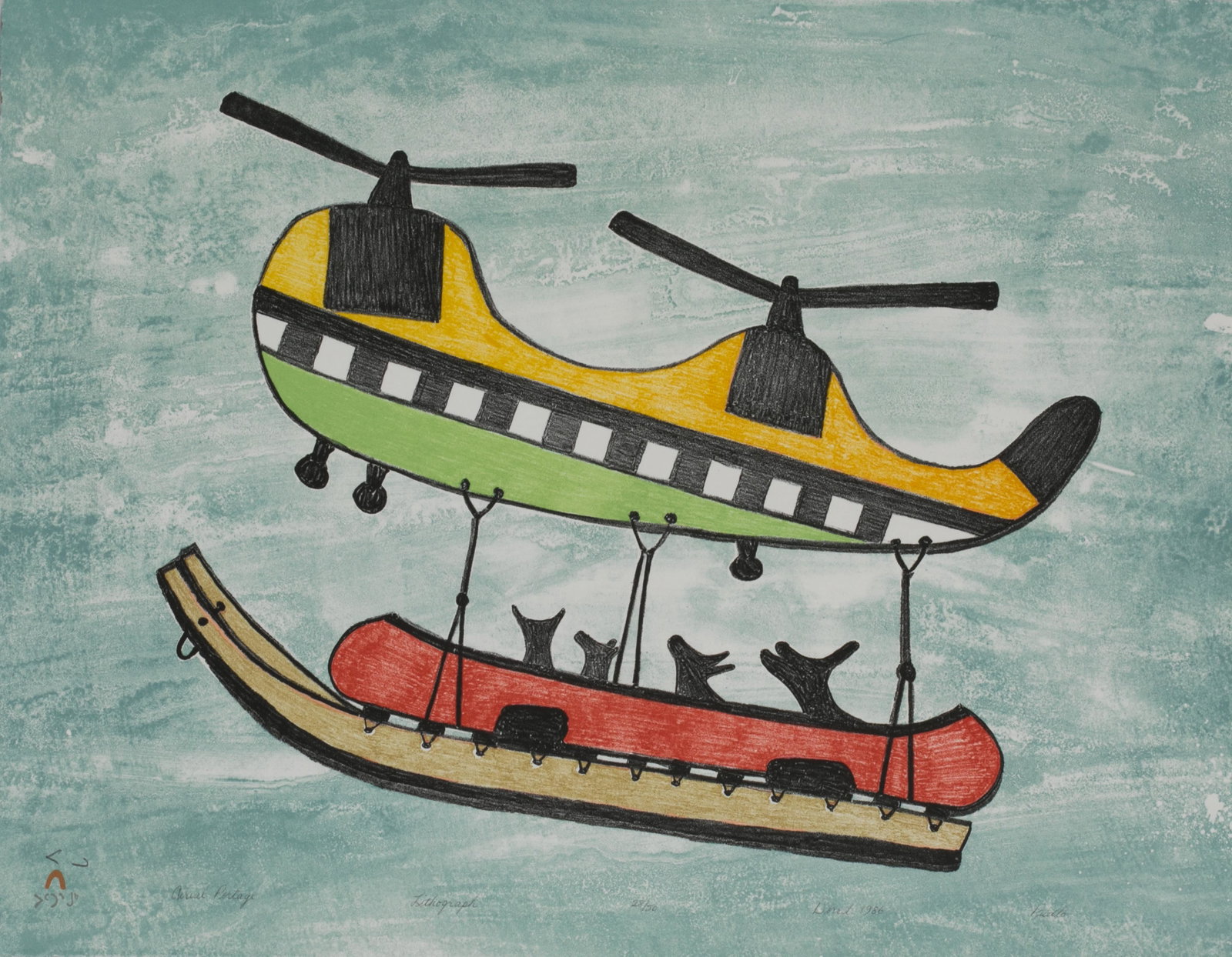 PUDLO PUDLAT, INUIT, Aerial Portage, 1986 #28: PUDLO PUDLAT (1916-1992) KINNGAIT (CAPE DORSET) Aerial Portage, 1986 #28 Printmaker: POOTOOGOOK QIATSUK (1959-) KINNGAIT (CAPE DORSET) lithograph, 20.25 x 26 in (51.4 x 66 cm) 28/50 Provenance Private