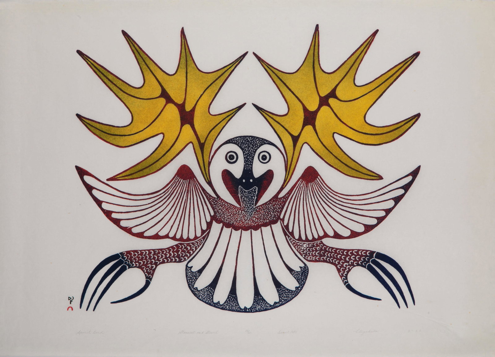 ELIYAKOTA SAMUALIE, INUIT, Spirit Bird, 1980 #4: ELIYAKOTA SAMUALIE (1939-1987) KINNGAIT (CAPE DORSET) Spirit Bird, 1980 #4 Printmaker: TIMOTHY OTTOCHIE (1904-1982) KINNGAIT (CAPE DORSET) stonecut and stencil, 24.25 x 34.5 in (61.6 x 87.6 cm) 25/50 
