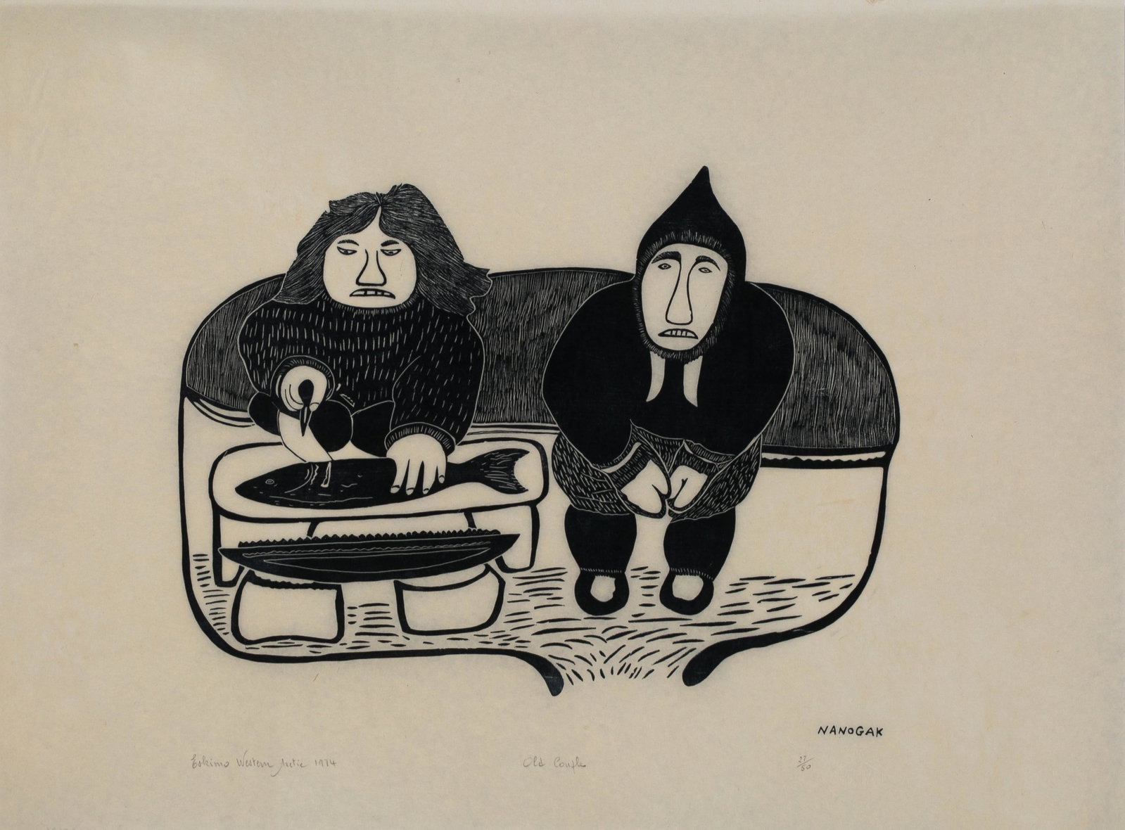 AGNES NANOGAK GOOSE, INUIT, Old Couple, 1974 #4: AGNES NANOGAK GOOSE (1925-2001), ULUKHAKTOK (HOLMAN ISLAND) Old Couple, 1974 #4 Printmaker: HARRY EGOTAK (1925-2001) ULUKHAKTOK (HOLMAN ISLAND) stonecut, 18 x 24 in (45.7 x 61 cm) 27/50 Provenance Pri