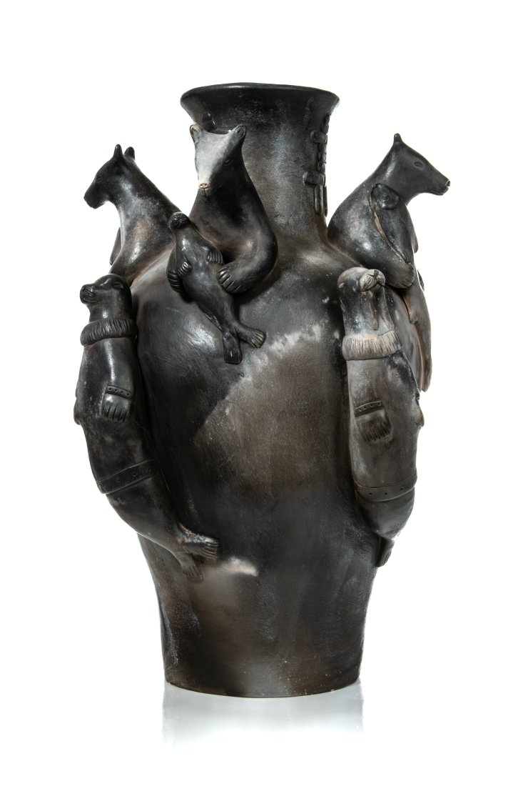 ROGER AKSADJUAK, INUIT, Decorated Vase, 20 November 2004: ROGER AKSADJUAK (1972-) KANGIQLINIQ (RANKIN INLET) / WINNIPEG, MB Decorated Vase, 20 November 2004 glazed ceramic, 17.5 x 12.5 x 10 in (44.5 x 31.8 x 25.4 cm) signed, dated, and inscribed, "ROGER / AK