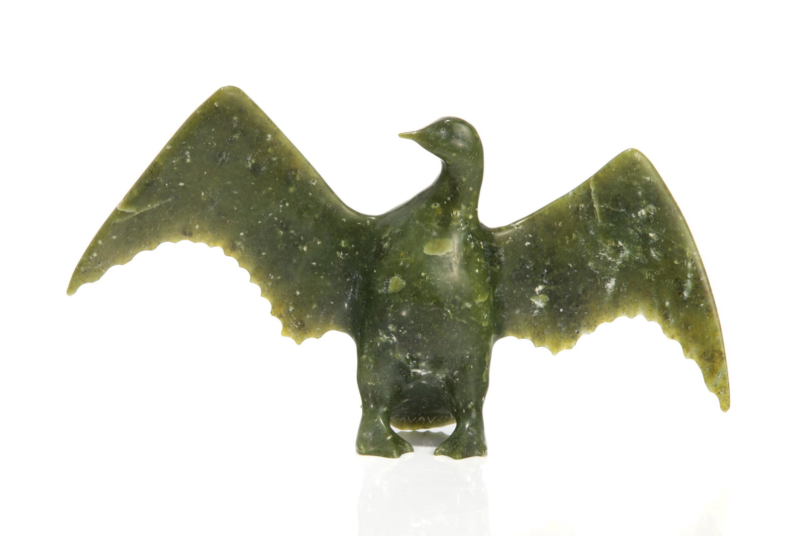 KAVAVOW KING, INUIT, Bird with Outstretched Wings, c. 1970s: KAVAVOW KING (1939-) IQALUIT (FROBISHER BAY) Bird with Outstretched Wings, c. 1970s stone, 5.5 x 9.75 x 2.5 in (14 x 24.8 x 6.3 cm) signed, "KAVAVOW / KING". Provenance Private Collection, Lunenburg, 