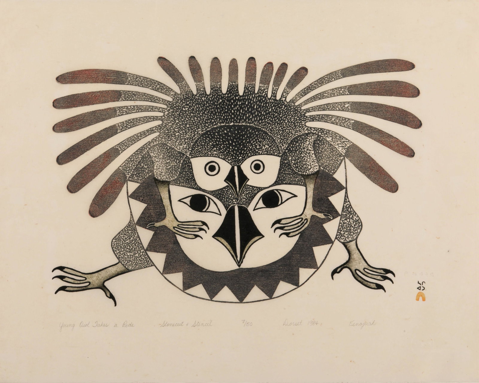 KENOJUAK ASHEVAK, INUIT, Young Owl Takes a Ride, 1984 #15: KENOJUAK ASHEVAK, C.C., R.C.A. (1927-2013) KINNGAIT (CAPE DORSET) Young Owl Takes a Ride, 1984 #15 Printmaker: SAGGIAKTOK SAGGIAKTOK (1932-) KINNGAIT (CAPE DORSET) stonecut and stencil, 19.25 x 25.25 