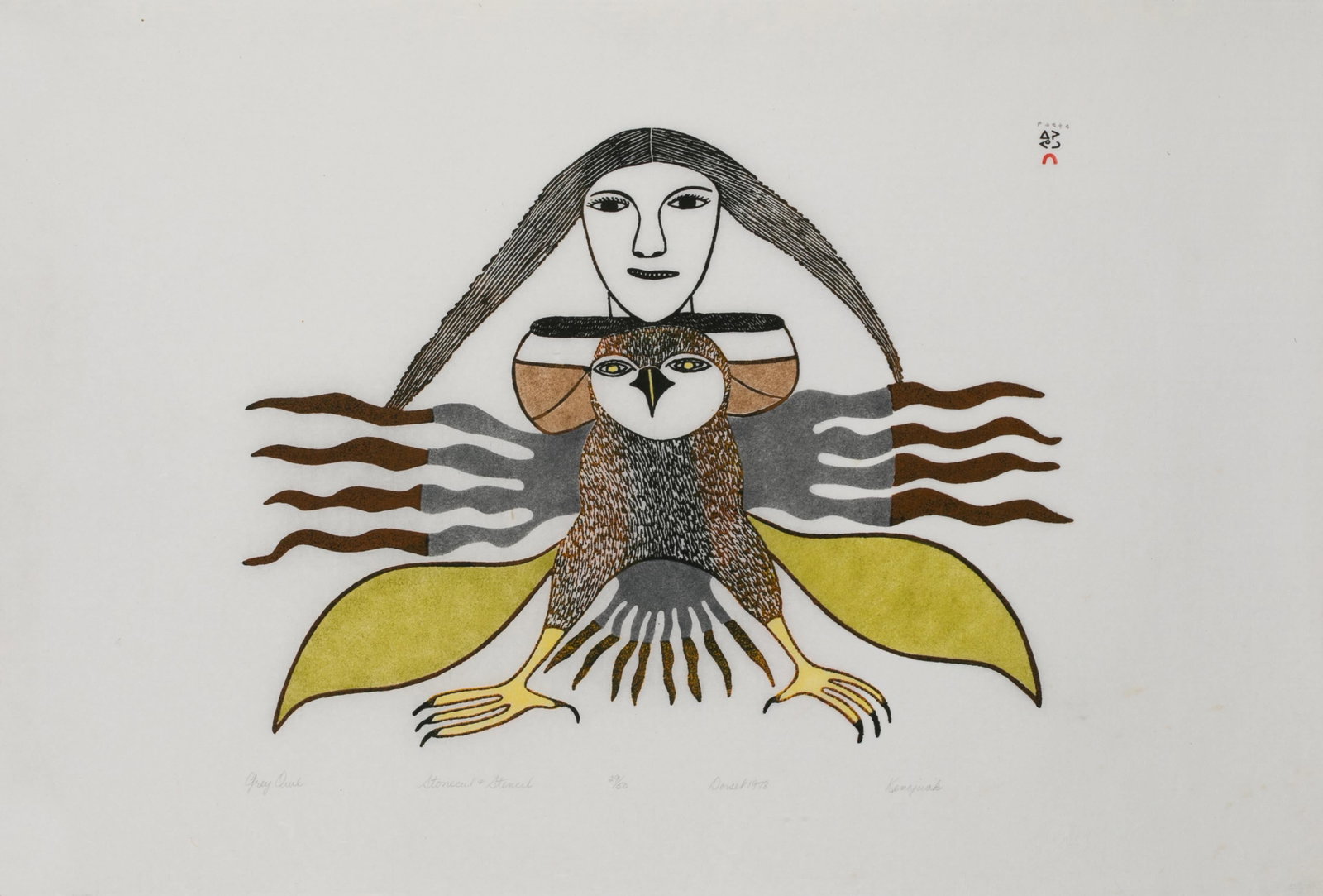 KENOJUAK ASHEVAK, INUIT, Grey Owl, 1978 #42: KENOJUAK ASHEVAK, C.C., R.C.A. (1927-2013) KINNGAIT (CAPE DORSET) Grey Owl, 1978 #42 Printmaker: EEGYVUDLUK POOTOOGOOK (1931-1999) KINNGAIT (CAPE DORSET) stonecut and stencil, 24.25 x 36.25 in (61.6 x