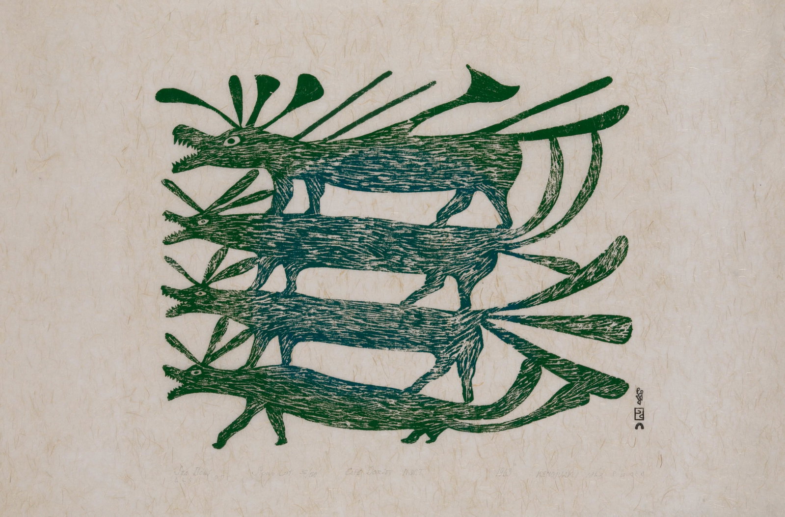 JOHNNIEBO ASHEVAK, INUIT, Sea Dogs, 1963 #57: JOHNNIEBO ASHEVAK (1923-1972) KINNGAIT (CAPE DORSET) Sea Dogs, 1963 #57 Printmaker: JOHNNIEBO ASHEVAK (1923-1972) KINNGAIT (CAPE DORSET) stonecut, 24.25 x 36.5 in (61.6 x 92.7 cm) 32/50 Provenance Pri