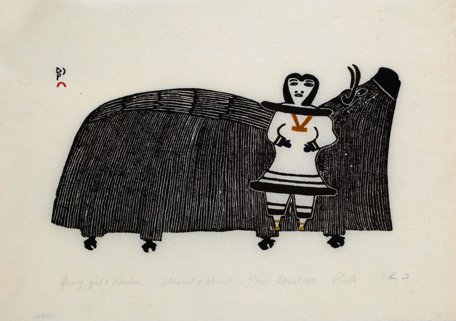 PUDLO PUDLAT, INUIT, Young Girl and Muskox, 1983 #38: PUDLO PUDLAT (1916-1992) KINNGAIT (CAPE DORSET) Young Girl and Muskox, 1983 #38 Printmaker: TIMOTHY OTTOCHIE (1904-1982) KINNGAIT (CAPE DORSET) stonecut and stencil, 14 x 20 in (35.6 x 50.8 cm) 27/50 