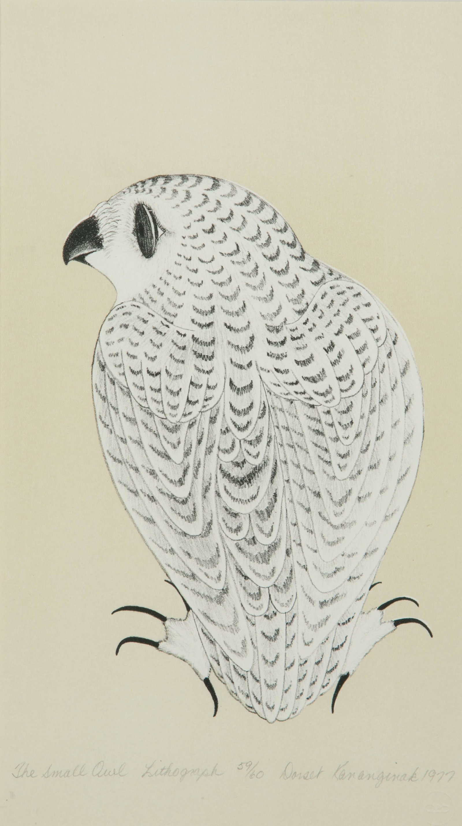 KANANGINAK POOTOOGOOK, INUIT, The Small Owl, 1977 #L9: KANANGINAK POOTOOGOOK, R.C.A. (1935-2010) KINNGAIT (CAPE DORSET) The Small Owl, 1977 #L9 Printmaker: AOUDLA PUDLAT (1951-2006) KINNGAIT (CAPE DORSET) lithograph, 14 x 10.5 in (35.6 x 26.7 cm), framed 