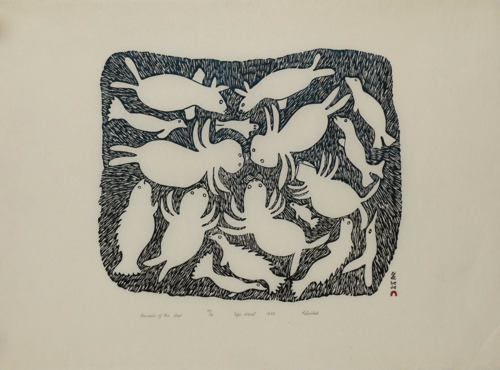 PITSEOLAK ASHOONA, INUIT, Animals of the Deep, 1973 #25: PITSEOLAK ASHOONA, R.C.A., O.C., (1904-1983) KINNGAIT (CAPE DORSET) Animals of the Deep, 1973 #25 Printmaker: QABAVOAK QATSIYA (1942-) KINNGAIT (CAPE DORSET) stonecut, 24.5 x 34 in (62.2 x 86.4 cm) 34