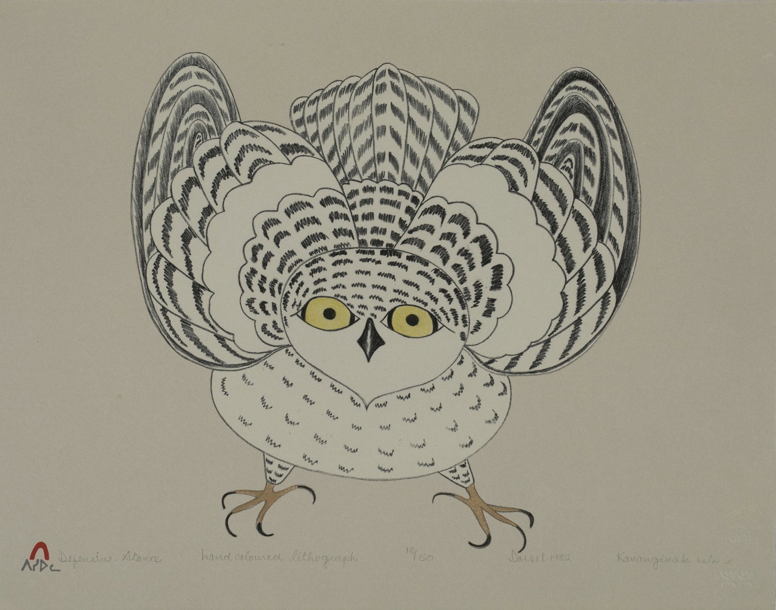 KANANGINAK POOTOOGOOK, INUIT, Defensive Stance, 1982 #L4: KANANGINAK POOTOOGOOK, R.C.A. (1935-2010) KINNGAIT (CAPE DORSET) Defensive Stance, 1982 #L4 Printmake: PITSEOLAK NIVIAQSI, R.C.A. (1947-2015) KINNGAIT (CAPE DORSET) lithograph and stencil on grey pape