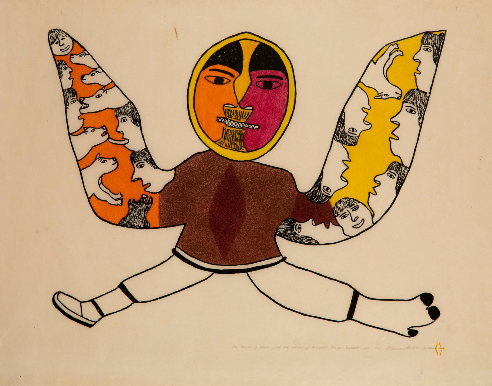 SIMON TOOKOOME, INUIT, The World of Man and the World of Animals Come Together In the Shaman, 1973: SIMON TOOKOOME (1934-2010) QAMANI’TUAQ (BAKER LAKE) The World of Man and the World of Animals Come Together In the Shaman, 1973 (1974 #12) Printmaker: SIMON TOOKOOME (1934-2010) QAMANI’TUA
