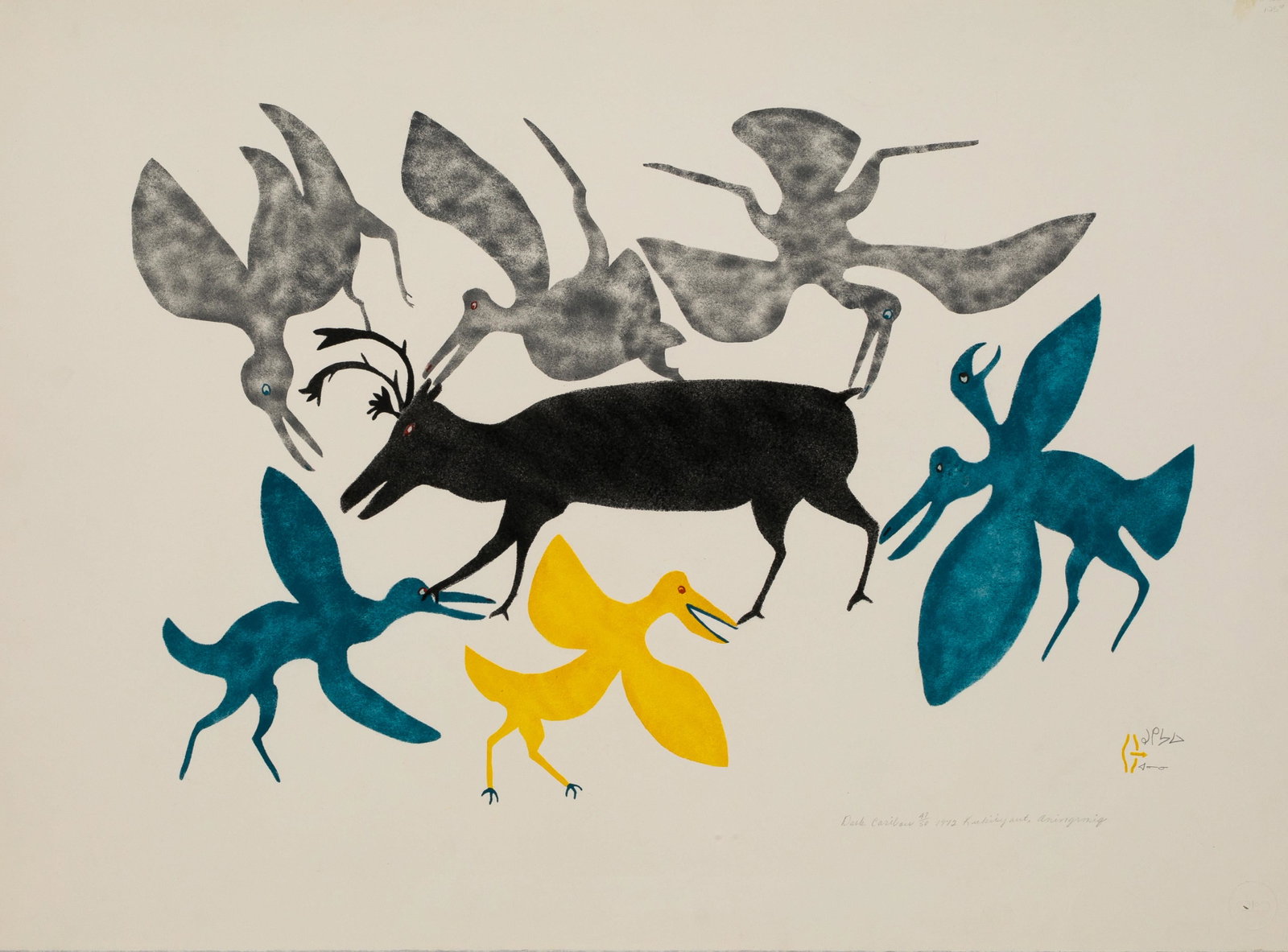 MYRA KUKIIYAUT, INUIT, Dark Caribou, 1972 (1973 #32): MYRA KUKIIYAUT (1929-2006) QAMANI'TUAQ (BAKER LAKE) Dark Caribou, 1972 (1973 #32) Printmaker: PHILLIPA ANINGNERK IKSIRAQ (1944-) stencil, 22 x 30 in (55.9 x 76.2 cm) 47/50 Provenance Private Collectio