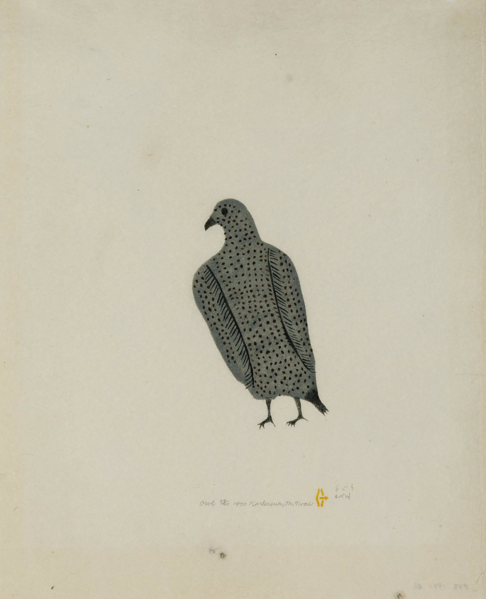 HAROLD QARLIKSAQ, INUIT, Owl, 1970 (1971 #42): HAROLD QARLIKSAQ (1928-1980) QAMANI'TUAQ (BAKER LAKE) Owl, 1970 (1971 #42) Printmaker: MARTHA NOAH (1943-) QAMANI'TUAQ (BAKER LAKE) stencil, 21 x 17 in (53.3 x 43.2 cm) 34/40 Provenance Private Collec