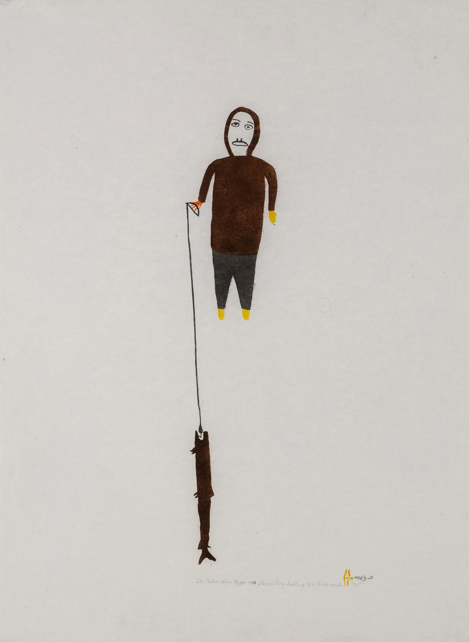 LUKE ANGUHADLUQ, INUIT, The Fisher Man, 1980 #5: LUKE ANGUHADLUQ (1895-1982) QAMANI’TUAQ (BAKER LAKE) The Fisher Man, 1980 #5 Printmaker: MARGARET TOODLIK AMAROOK (1942-) QAMANI'TUAQ (BAKER LAKE) stencil, 29.5 x 22 in (74.9 x 55.9 cm) 38/50 Pr
