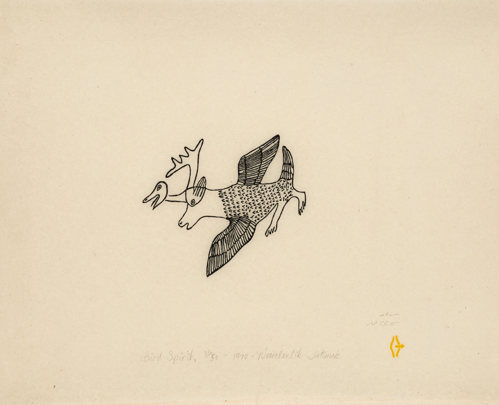 JOSIAH NUILAALIK, INUIT, Bird Spirit, 1970 (1971 #45): JOSIAH NUILAALIK (1928-2005) QAMANI'TUAQ (BAKER LAKE) Bird Spirit, 1970 (1971 #45) Printmaker: BASIL APTANIK (1952-) QAMANI'TUAQ (BAKER LAKE) stonecut, 17.25 x 21.25 in (43.8 x 54 cm) 26/50 Provenance