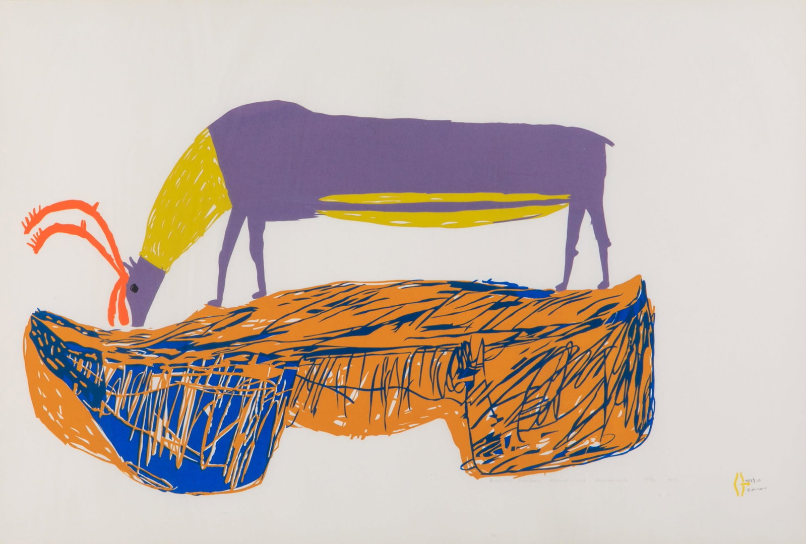 LUKE ANGUHADLUQ, INUIT, Caribou Grazing, 1975 #19: LUKE ANGUHADLUQ (1895-1982) QAMANI’TUAQ (BAKER LAKE) Caribou Grazing, 1975 #19 Printmaker: PHILLIPA ANINGNERK IKSIRAQ (1944-) QAMANI’TUAQ (BAKER LAKE) silkscreen, 19.25 x 29 in (48.9 x 73.
