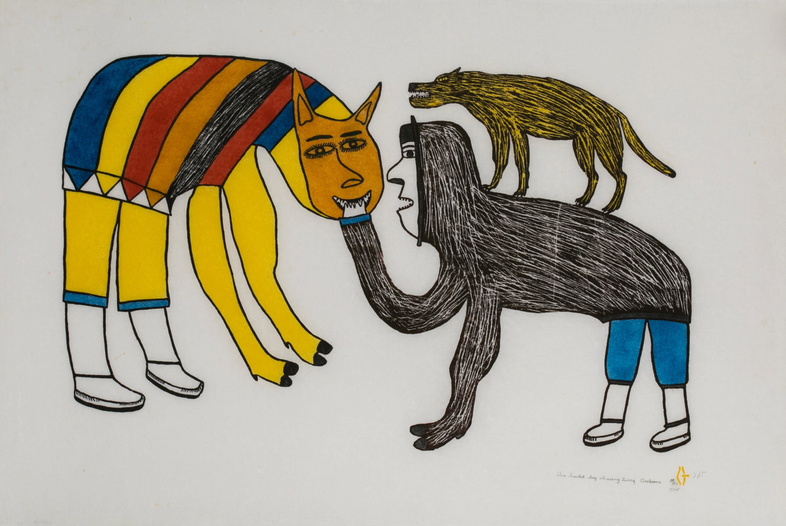 SIMON TOOKOOME, INUIT, Two Headed Dog Chasing Qiviuq, 1975 (1976 #15): SIMON TOOKOOME (1934-2010) QAMANI’TUAQ (BAKER LAKE) Two Headed Dog Chasing Qiviuq, 1975 (1976 #15) Printmaker: SIMON TOOKOOME (1934-2010) QAMANI’TUAQ (BAKER LAKE) stonecut and stencil, 24.
