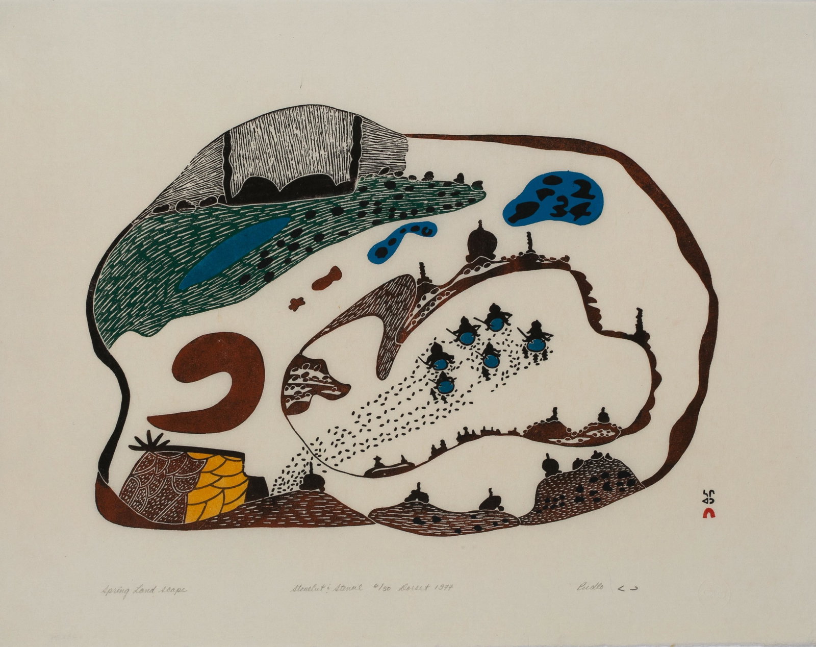 PUDLO PUDLAT, INUIT, Spring Landscape, 1977 #53: PUDLO PUDLAT (1916-1992) KINNGAIT (CAPE DORSET) Spring Landscape, 1977 #53 Printmaker: SAGGIAKTOK SAGGIAKTOK (1932-) KINNGAIT (CAPE DORSET) stonecut and stencil, 21.5 x 27.5 in (54.6 x 69.8 cm) 6/50 P