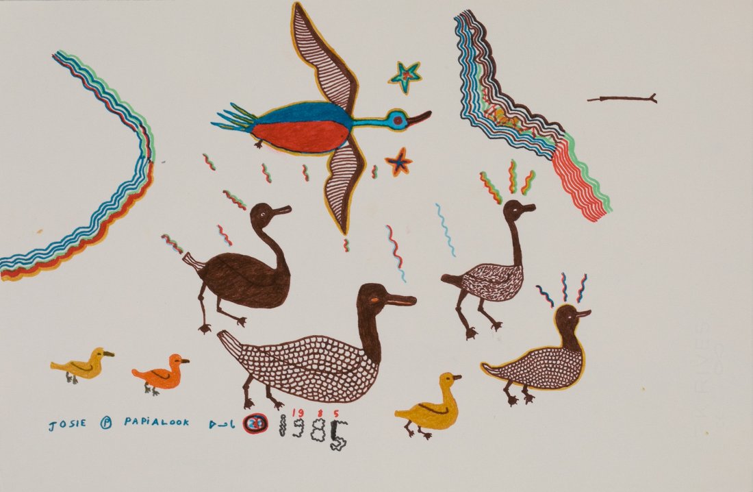 JOSIE PAMIUTU PAPIALUK, INUIT, Day 20 (Many Birds), 1985: JOSIE PAMIUTU PAPIALUK (1918-1996) PUVIRNITUQ (POVUNGNITUK) Day 20 (Many Birds), 1985 felt tip on heavy wove paper, 13 x 19.5 in (33 x 49.5 cm) signed, "JOSIE P PAPIALOOK"; titled and dated "ᐅ&#