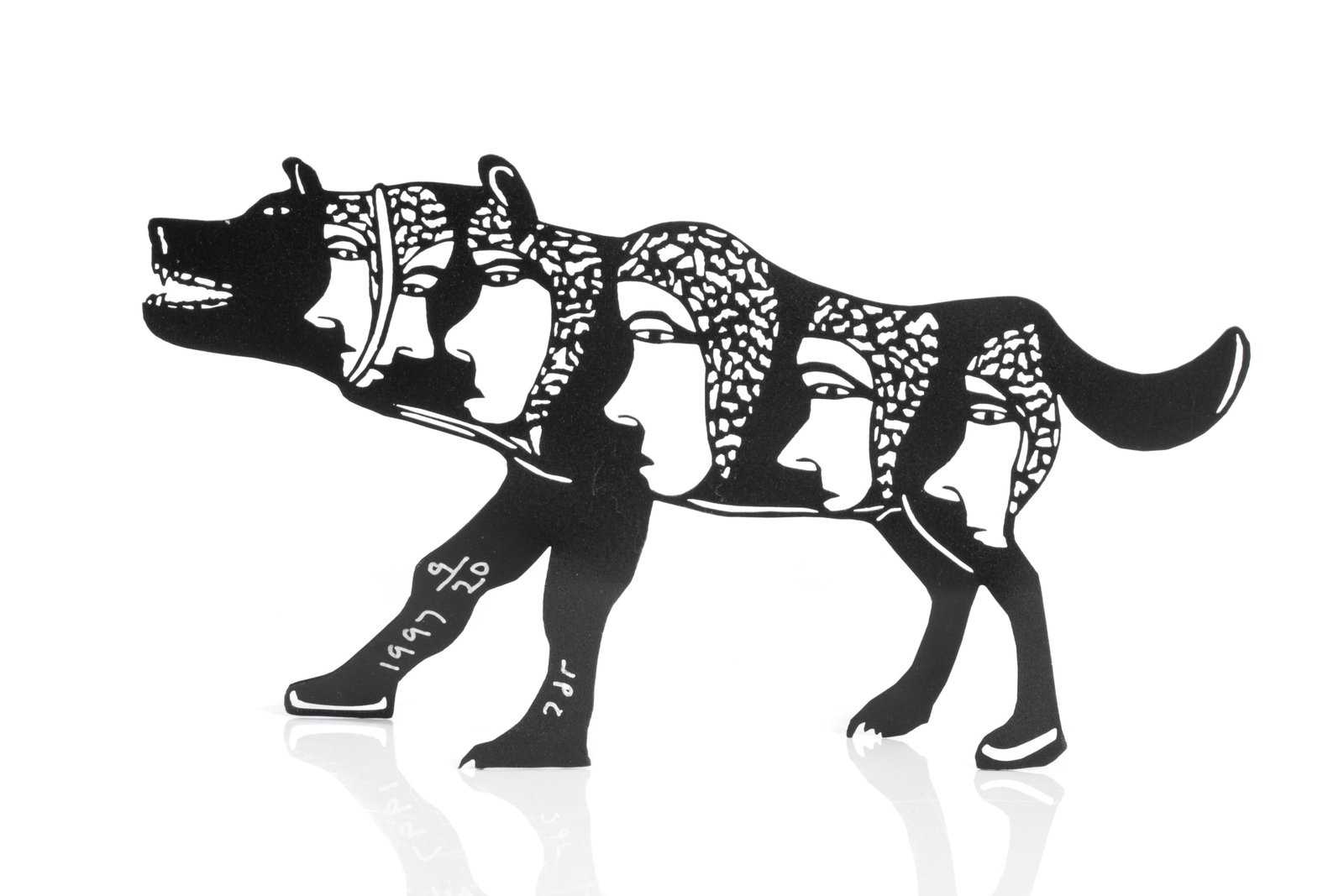 SIMON TOOKOOME, INUIT, Wolf Shaman, 1997: SIMON TOOKOOME (1934-2010) QAMANI’TUAQ (BAKER LAKE) Wolf Shaman, 1997 laser-cut steel and powder coating, 5 x 9.25 x 1.5 in (12.7 x 23.5 x 3.8 cm) signed and dated "1997 / ᑐᑯᒥ"