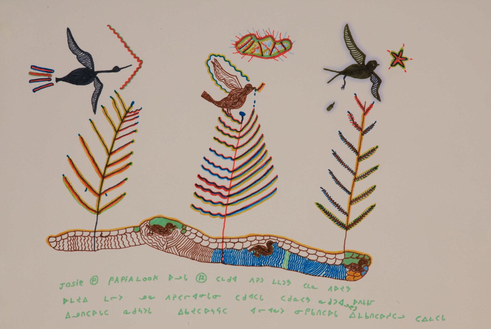JOSIE PAMIUTU PAPIALUK, INUIT, Day 12 (Springtime), c. 1983-5: JOSIE PAMIUTU PAPIALUK (1918-1996) PUVIRNITUQ (POVUNGNITUK) Day 12 (Springtime), c. 1983-5 felt tip on BFK Rives watermarked paper, 13 x 20 in (33 x 50.8 cm) signed, "Josie (P) Papialook"; inscribed b