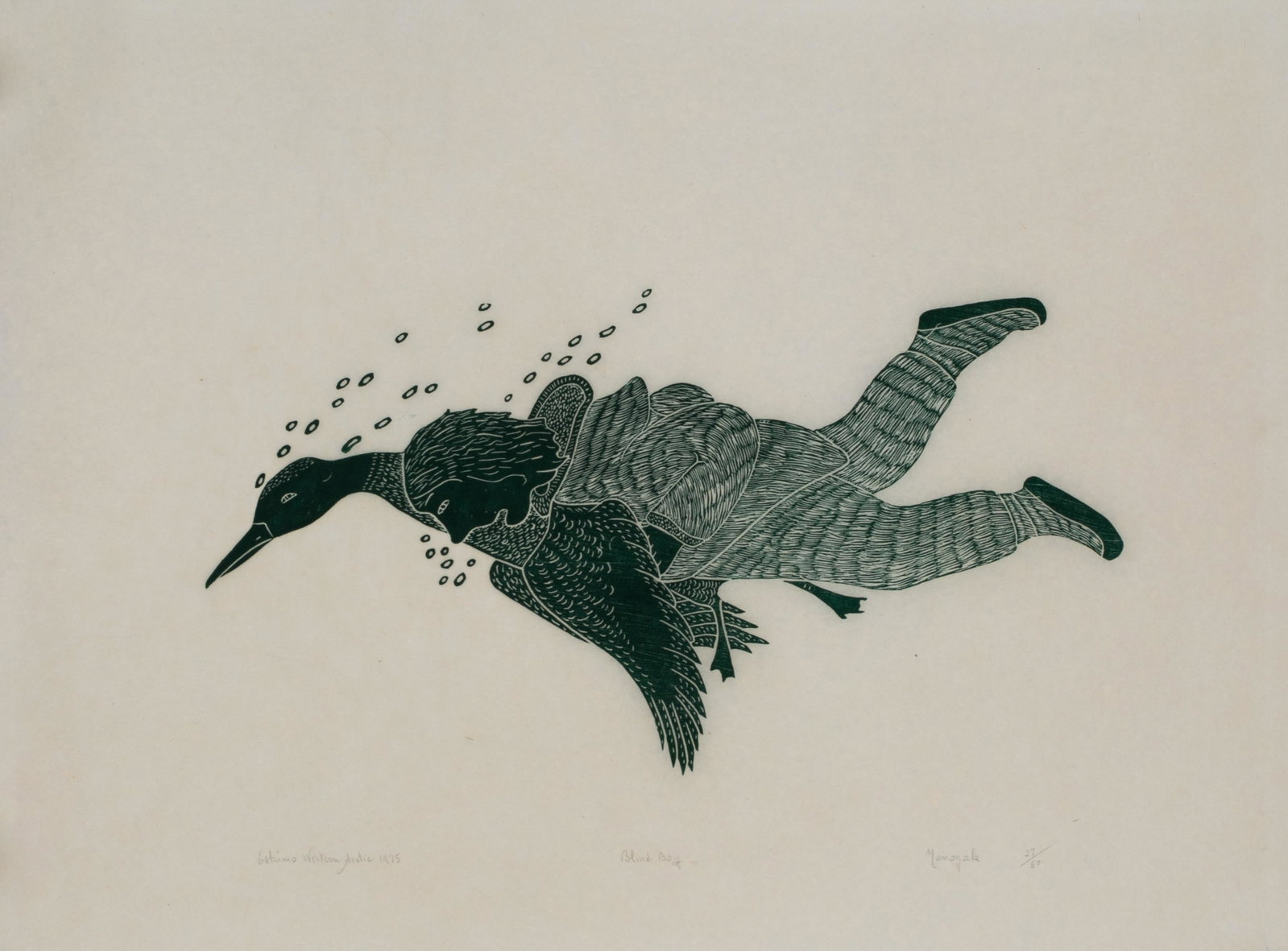 AGNES NANOGAK GOOSE, INUIT, Blind Boy, 1975 (1975/6, #29): AGNES NANOGAK GOOSE (1925-2001), ULUKHAKTOK (HOLMAN ISLAND) Blind Boy, 1975 (1975/6, #29) Printer: HARRY EGUTAK (1925-?) ULUKHAKTOK (HOLMAN ISLAND) stonecut, 18 x 24 in (45.7 x 61 cm) 27/50 Provenance