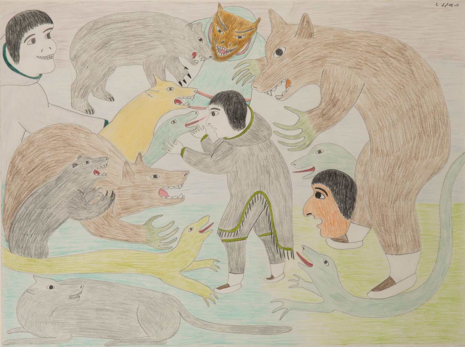 VICTORIA MAMNGUQSUALUK, INUIT, Untitled (Scene from the Story of Qiviuq),: VICTORIA MAMNGUQSUALUK (1930-2016) QAMANI'TUAQ (BAKER LAKE) Untitled (Scene from the Story of Qiviuq), coloured pencil on heavy wove paper, 22 x 30 in (55.9 x 76.2 cm), framed signed, "ᒪᒍ&
