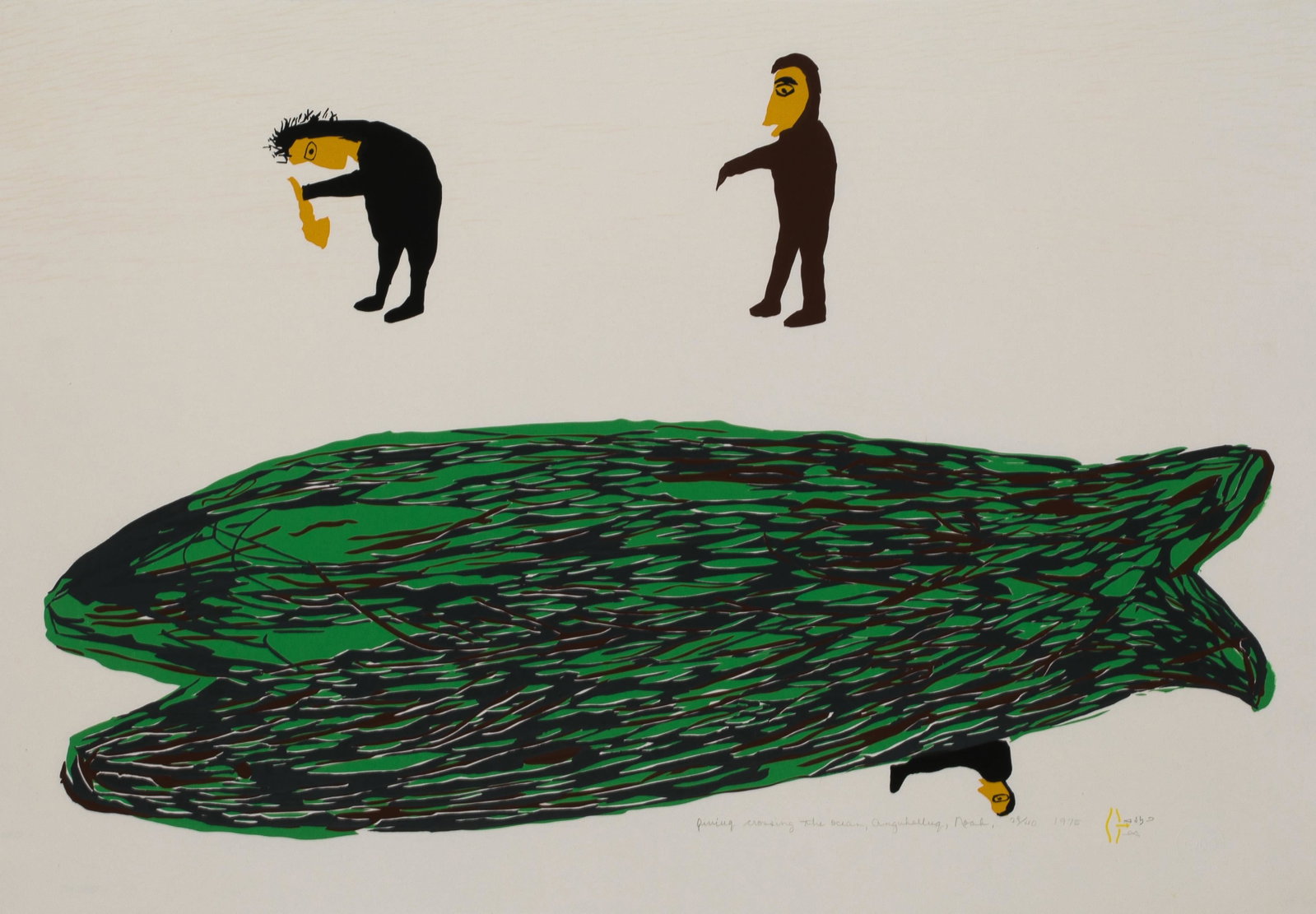 LUKE ANGUHADLUQ, INUIT, Qiviuq Crossing the Ocean, 1975 #20: LUKE ANGUHADLUQ (1895-1982) QAMANI’TUAQ (BAKER LAKE) Qiviuq Crossing the Ocean, 1975 #20 Printmaker: WILLIAM NOAH (1943-) QAMANI’TUAQ (BAKER LAKE) silkscreen (serigraph), 21.5 x 31 in (54.