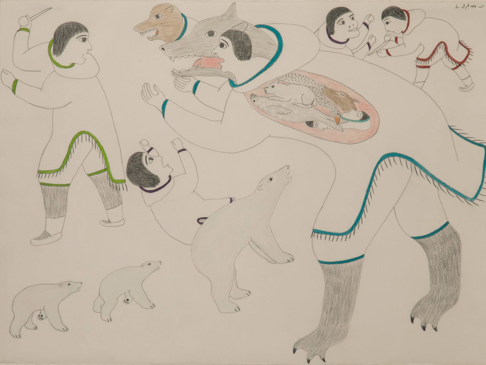 VICTORIA MAMNGUQSUALUK, INUIT, Untitled: VICTORIA MAMNGUQSUALUK (1930-2016) QAMANI'TUAQ (BAKER LAKE) Untitled, coloured pencil on heavy wove paper, 22 x 30 in (55.9 x 76.2 cm), framed signed, "ᒪᒍᓯᐊᓗ". Provenance