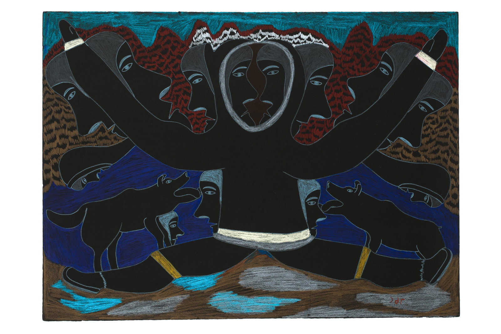 SIMON TOOKOOME, INUIT, Untitled Drawing (Inuit with Dogs), c. 1980: SIMON TOOKOOME (1934-2010) QAMANI’TUAQ (BAKER LAKE) Untitled Drawing (Inuit with Dogs), c. 1980 coloured pencil on black paper, 22.25 x 30 in (56.5 x 76.2 cm) signed, "ᑐᑯᒥ". Pr