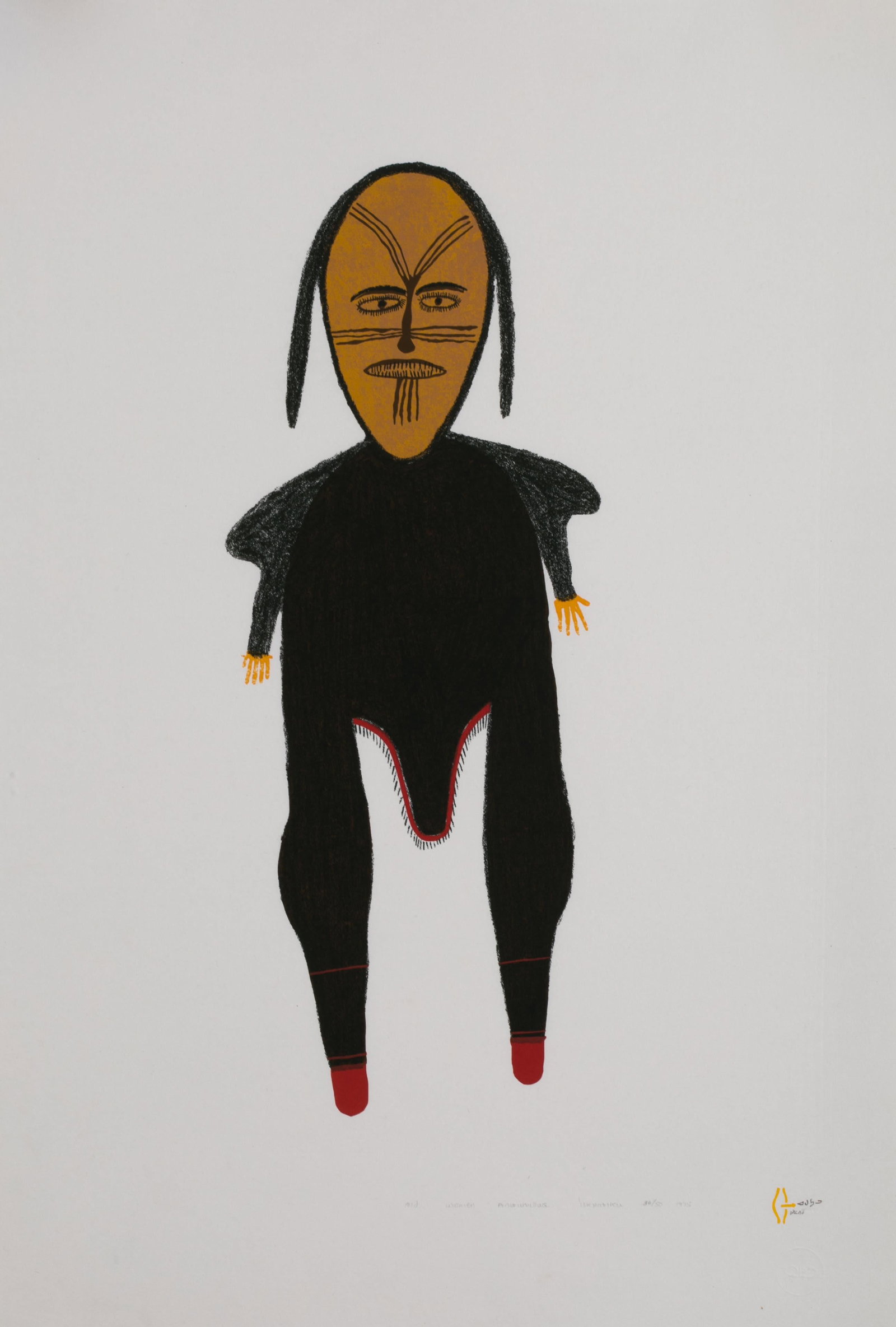 LUKE ANGUHADLUQ, INUIT, Old Woman, 1975 #18: LUKE ANGUHADLUQ (1895-1982) QAMANI’TUAQ (BAKER LAKE) Old Woman, 1975 #18 Printmaker: WILLIAM UKPATIKU (1935-2014) QAMANI’TUAQ (BAKER LAKE) silkscreen (serigraph), 21.25 x 29.75 in (54 x 75