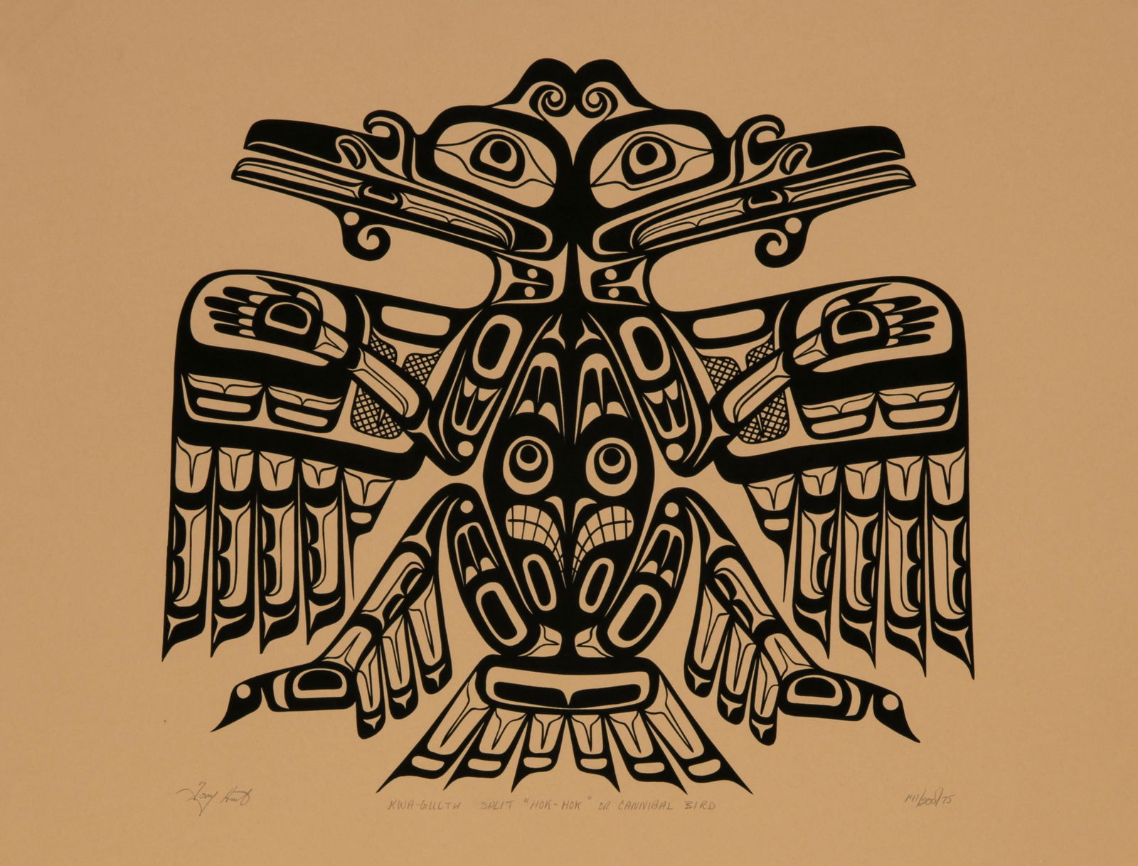 TONY HUNT, O.B.C. (1942-2017) KWAKWA̱KA̱'WAKW, Kwa-Guuilth Split "Hok-Hok" or: TONY HUNT, O.B.C. (1942-2017) KWAKWA̱KA̱'WAKW Kwa-Guuilth Split "Hok-Hok" or Cannibal Bird, 1975 silkscreen, 17.5 x 23.25 in (44.5 x 59.1 cm) 141/200 Provenance Private Collection, Hamilton.